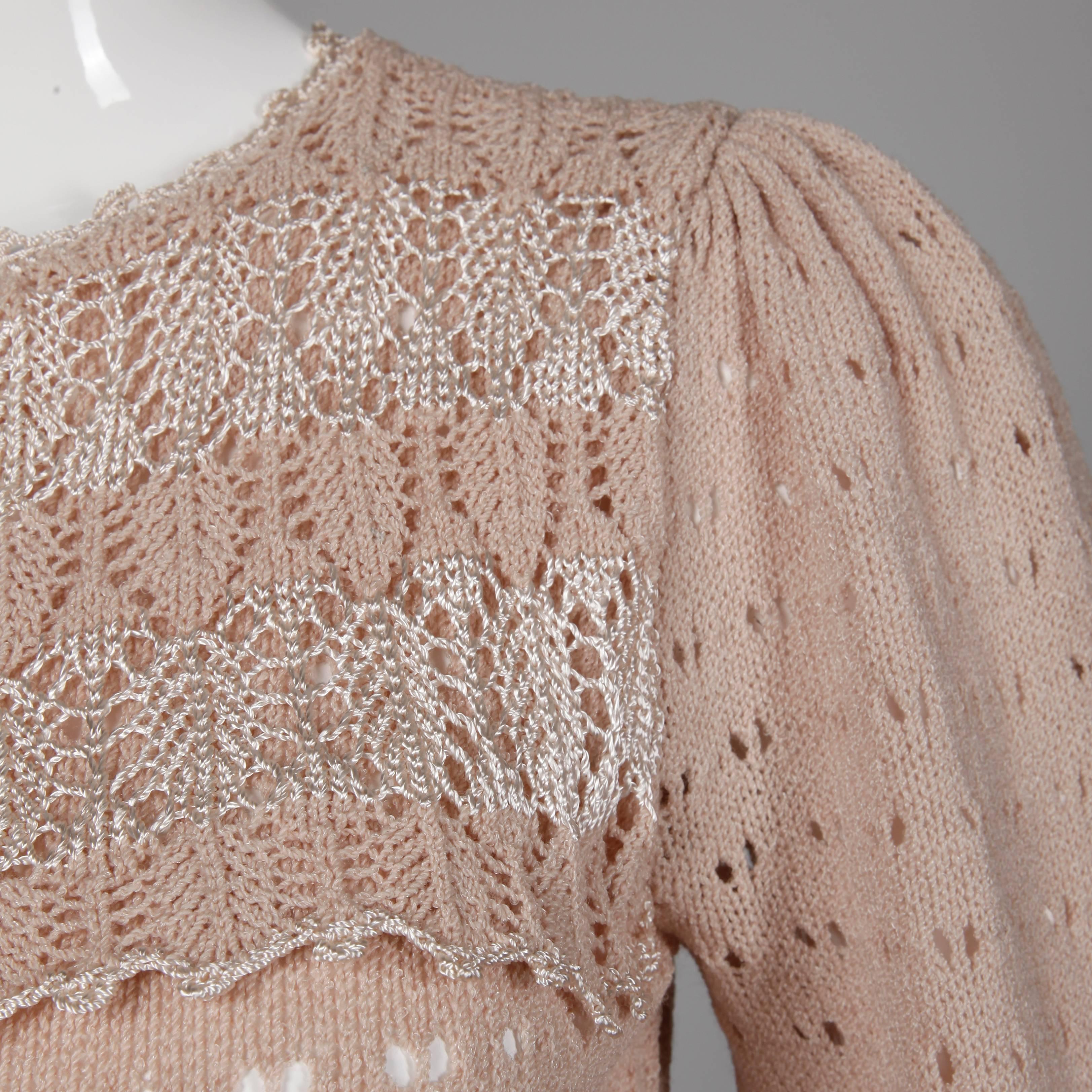 Brown 1970s Oscar de la Renta Vintage Dusty Pink/ Blush Knit + Crochet Sweater Dress