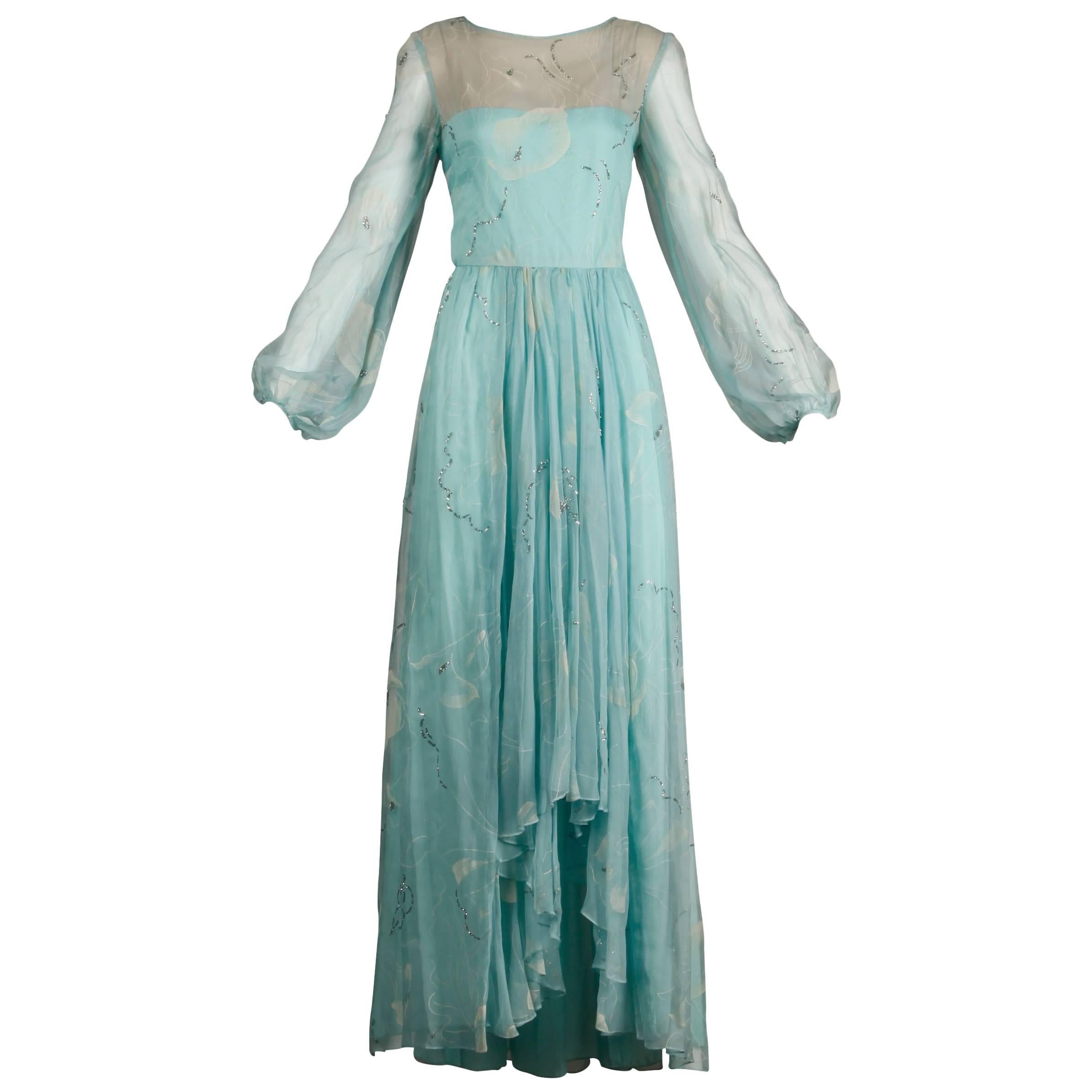 Unworn 1970s Richilene Vintage Blue Silk Chiffon + Metallic Silver Dress
