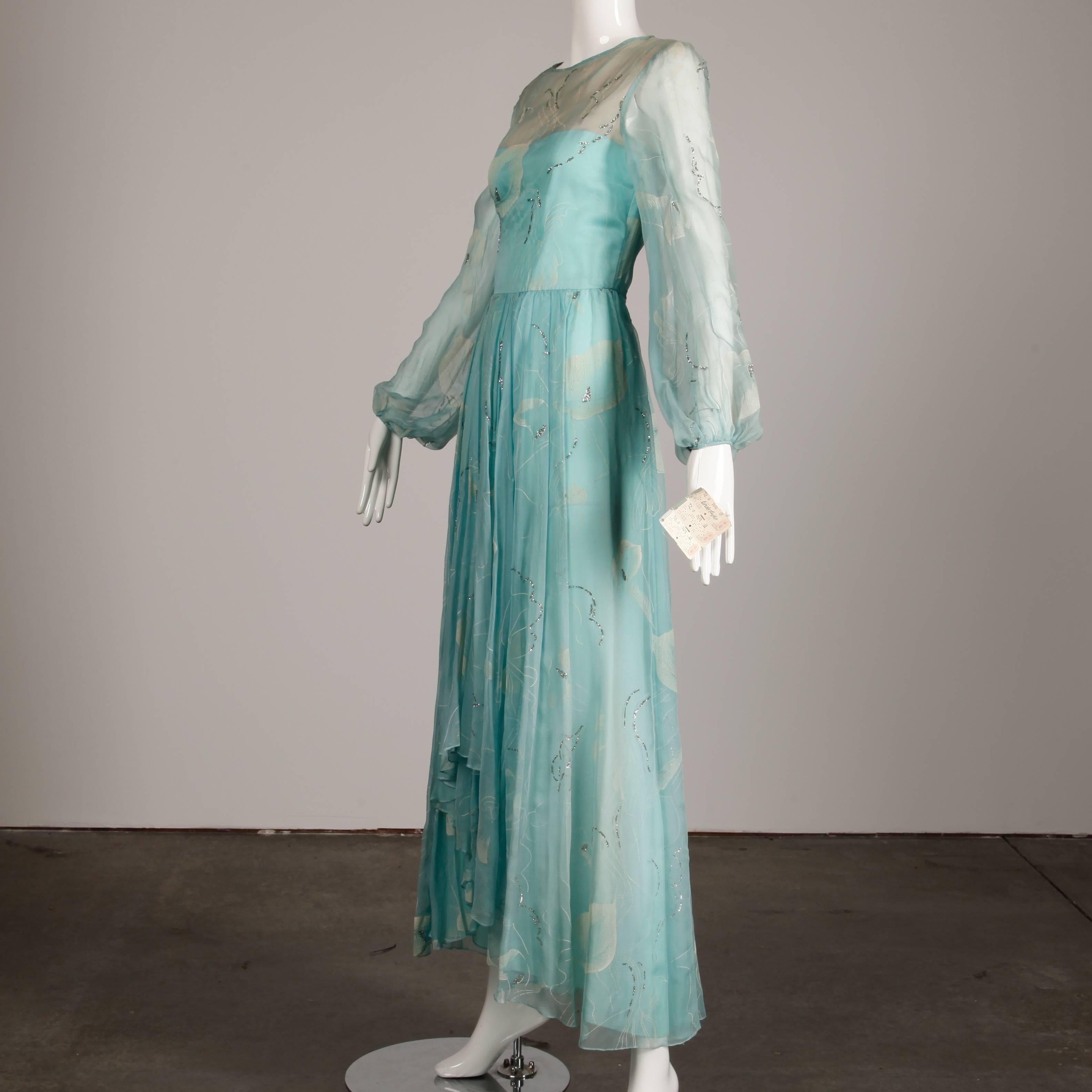 Unworn 1970s Richilene Vintage Blue Silk Chiffon + Metallic Silver Dress In New Condition In Sparks, NV