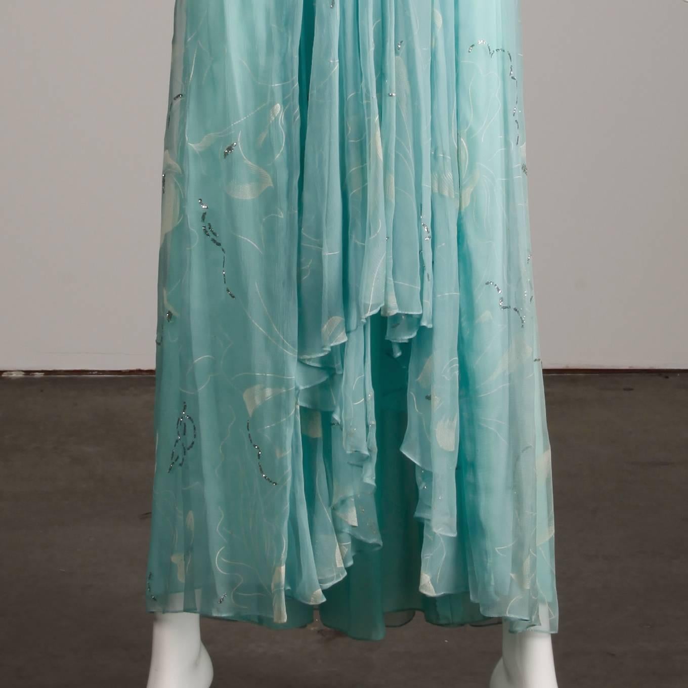 Women's Unworn 1970s Richilene Vintage Blue Silk Chiffon + Metallic Silver Dress