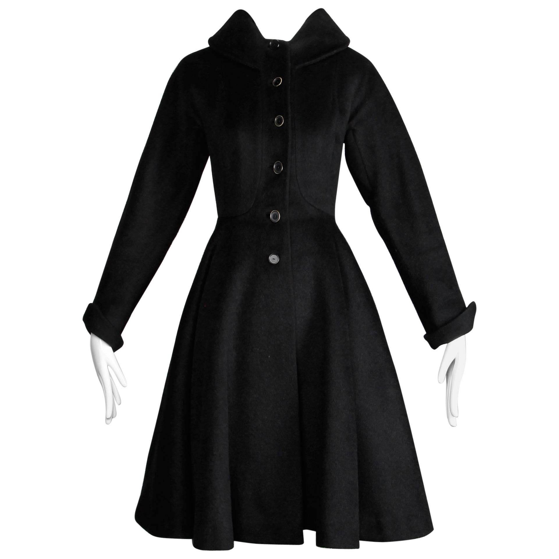 1950s Vintage Heavy Black Wool Swing Coat with Full Sweep Circle Skirt