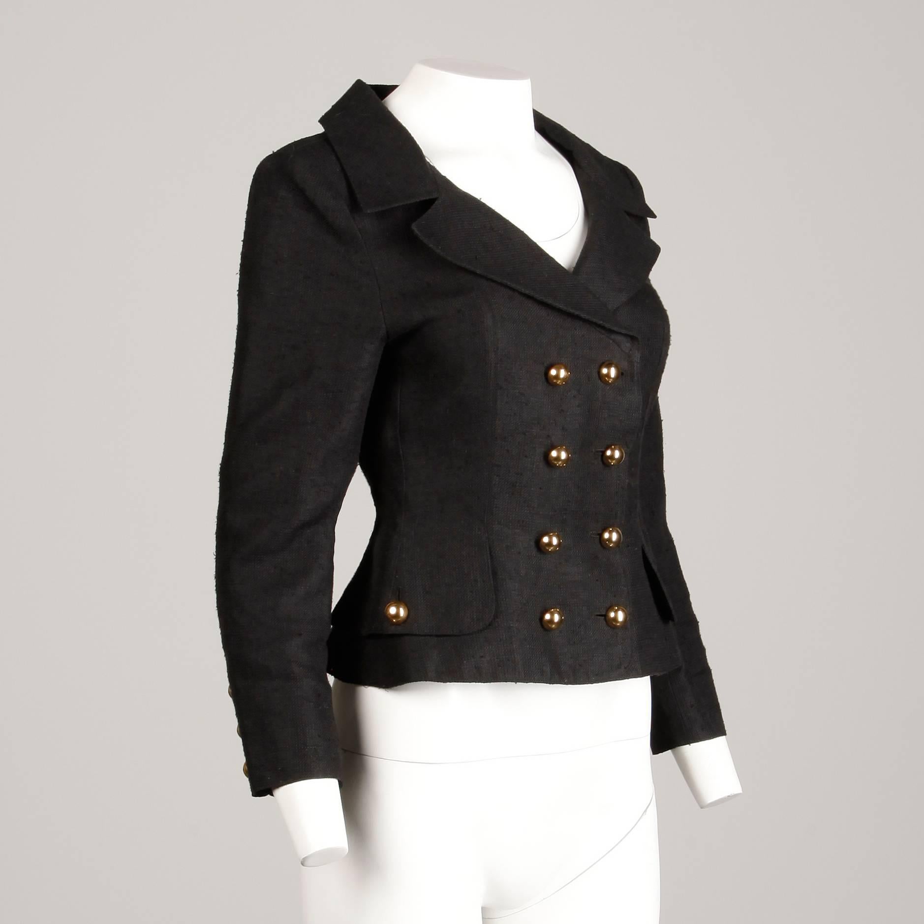Women's 1990s Christian Lacroix Pret-a-Porter Vintage Black Silk Linen Blazer Jacket For Sale