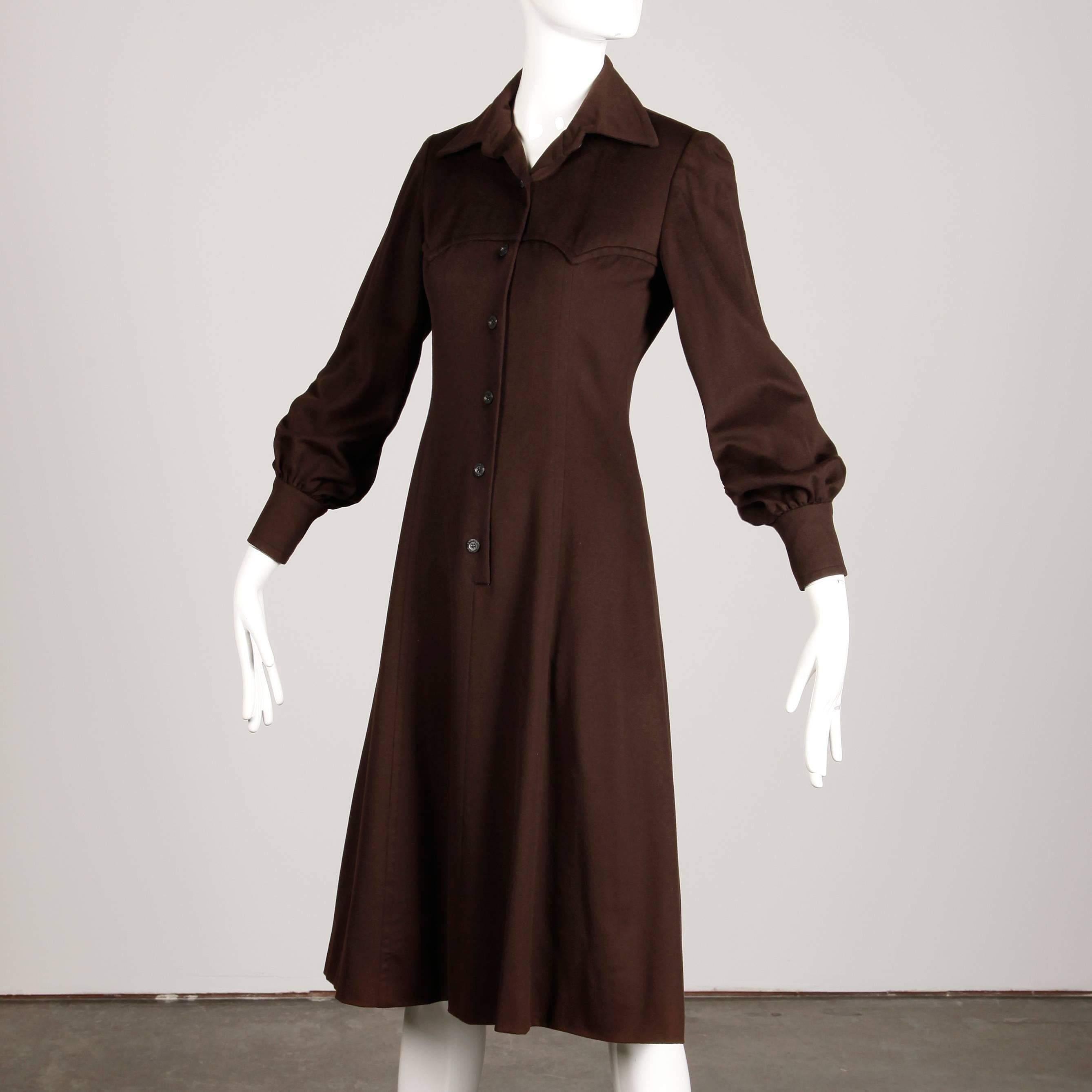 Black 1970s Hermes Vintage Brown Cashmere + Silk Coat or Shirt Dress