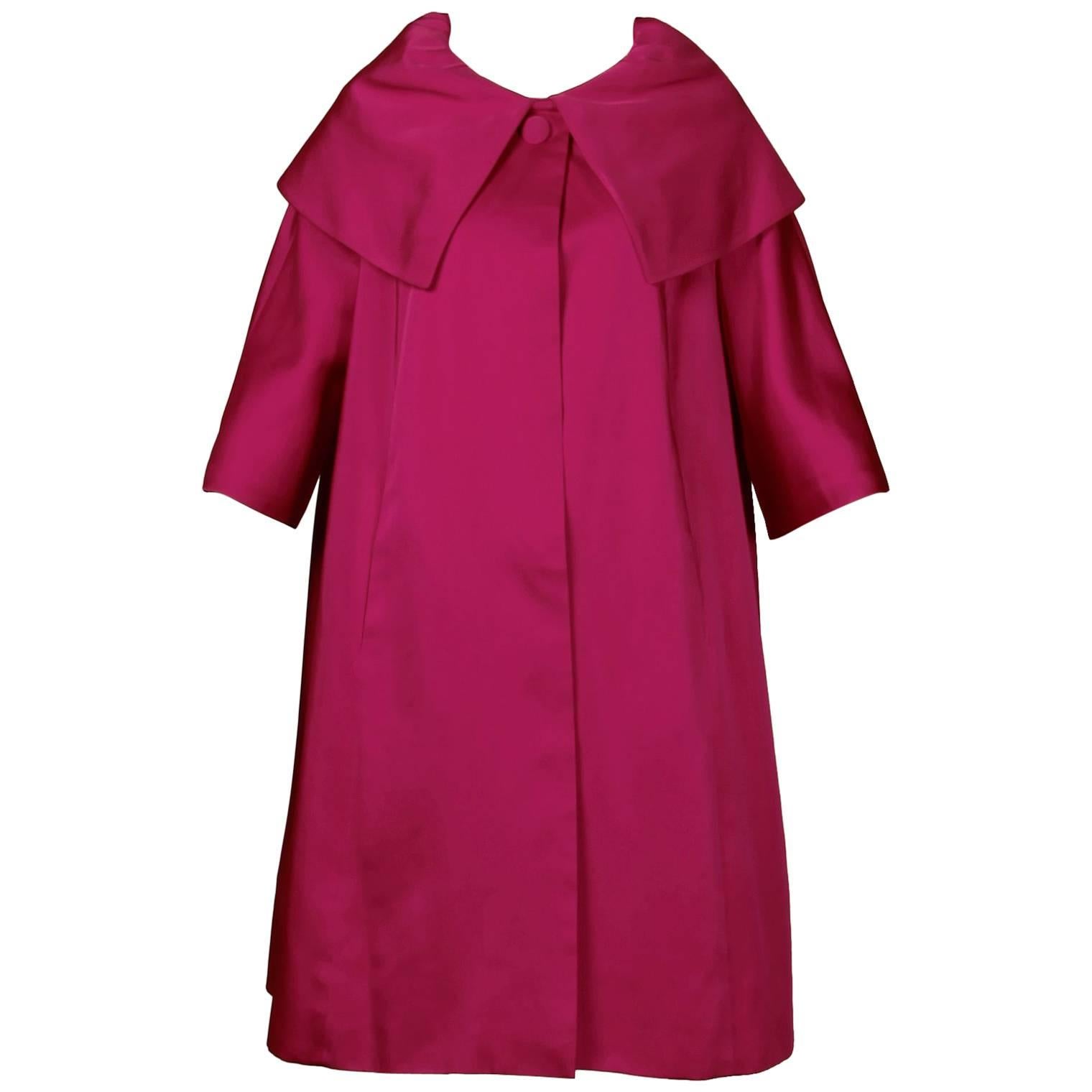 1960s Sandra Sage Vintage Fuchsia Pink Silk Satin Swing Coat with Pop Up Collar