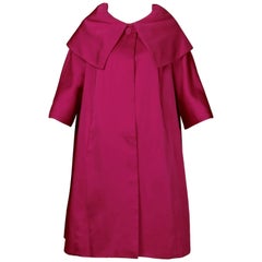 1960s Sandra Sage Vintage Fuchsia Pink Silk Satin Swing Coat with Pop Up Collar