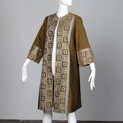 1960s Vintage Olive Green Greek-Made Swing Coat + Matching Bag with Embroidery