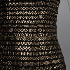 1960s Sexy Vintage Metallic Gold + Black Sheath Cocktail Dress with Velvet Trim