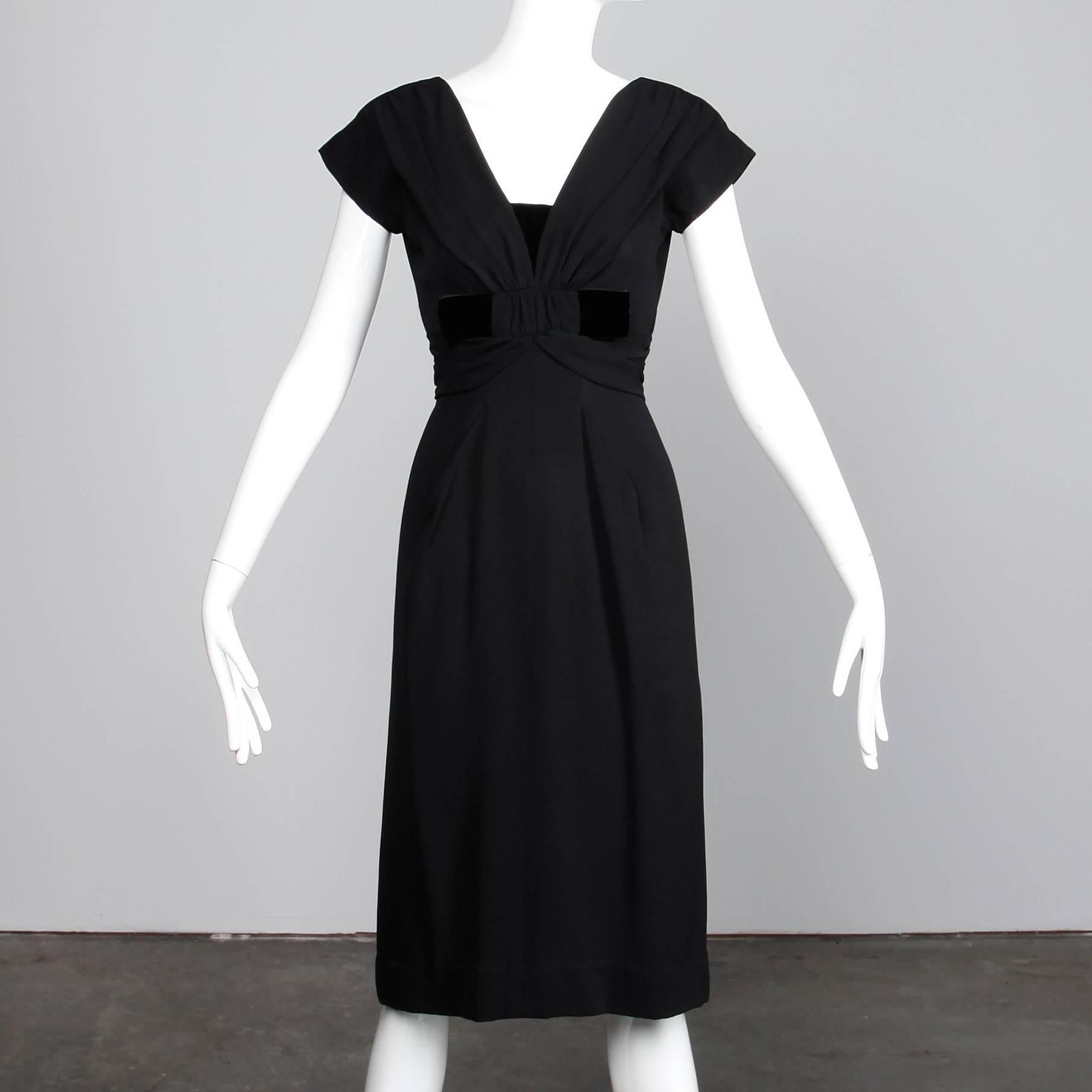 1950s Dorothy O'Hara Vintage Black Crepe + Velvet Cocktail Sheath Dress 1