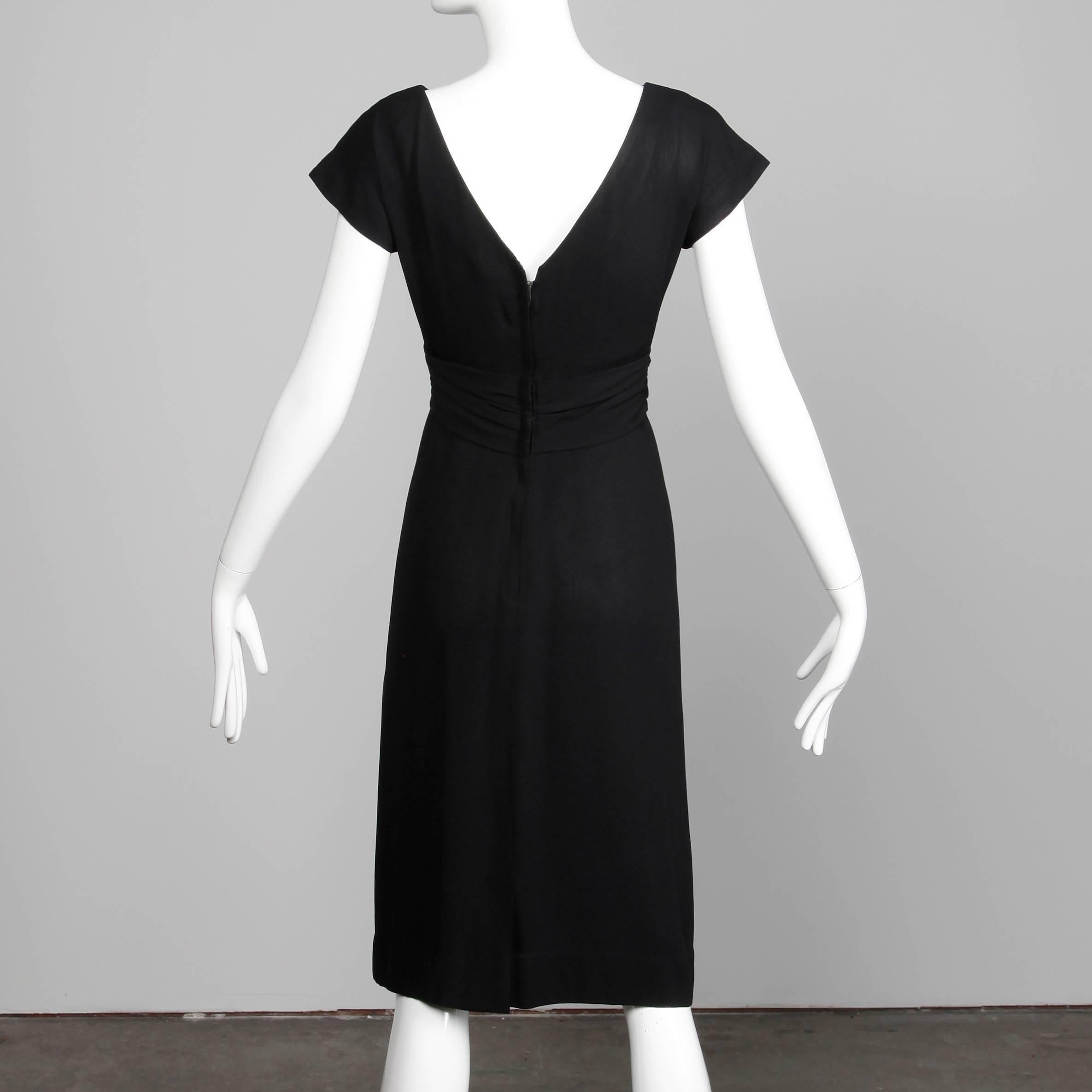 1950s Dorothy O'Hara Vintage Black Crepe + Velvet Cocktail Sheath Dress 3