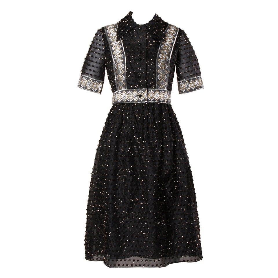 1960s Oscar de la Renta Vintage Black Organza Silk Metallic Lace Eyelash Dress