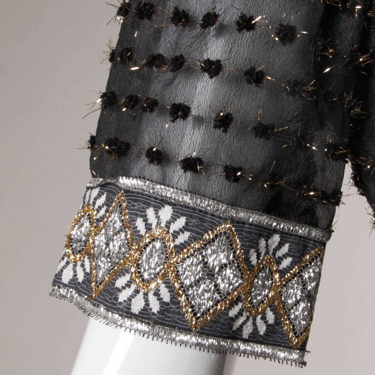 1960s Oscar de la Renta Vintage Black Organza Silk Metallic Lace Eyelash Dress 2