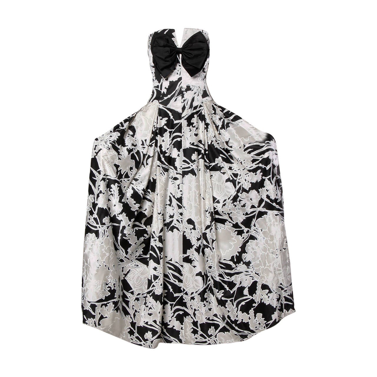1980s Mignon Vintage Black + White Print Silk Strapless Evening Gown/ Dress
