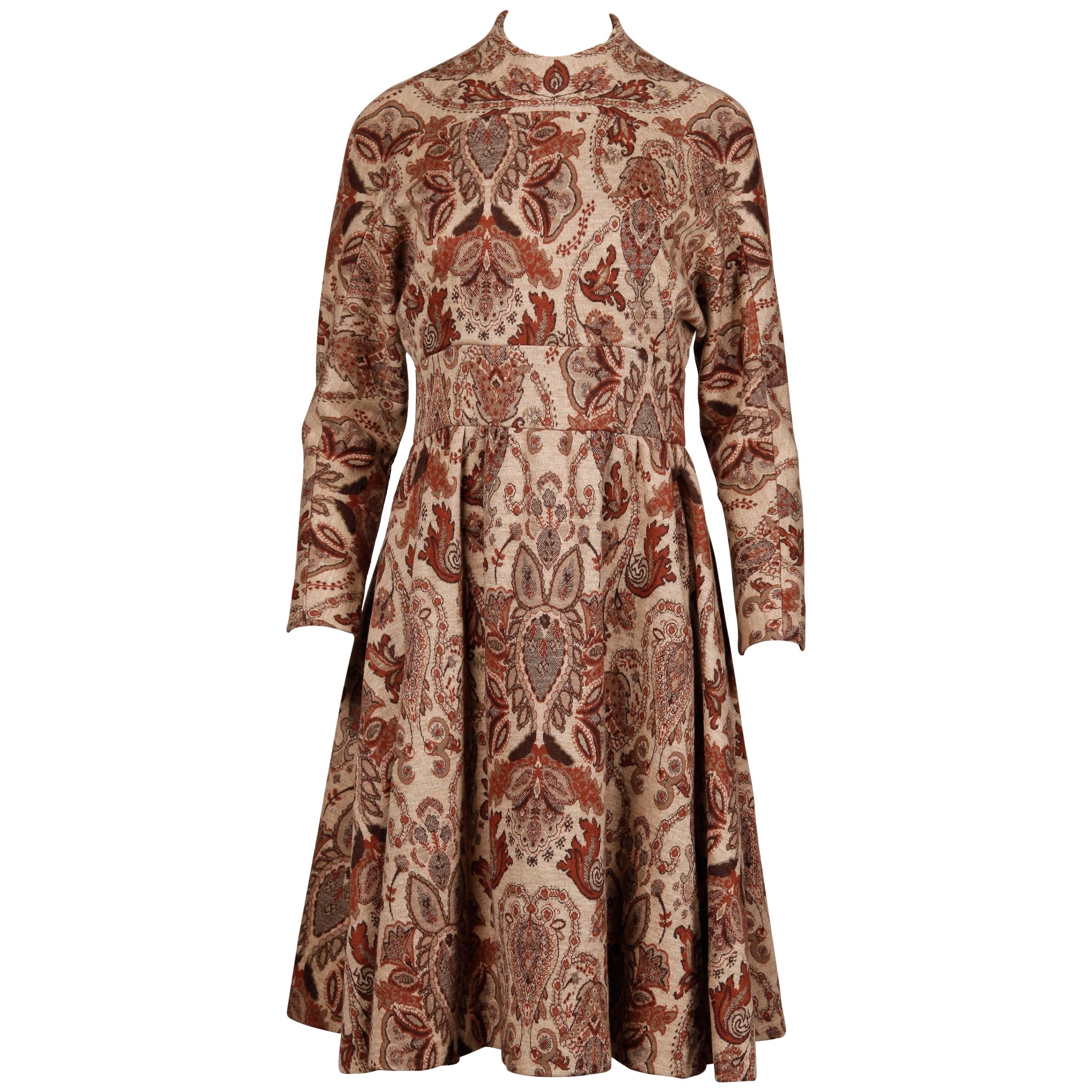 1970s Geoffrey Beene Vintage Wool Knit Paisley Tapestry Dress with Long Sleeves
