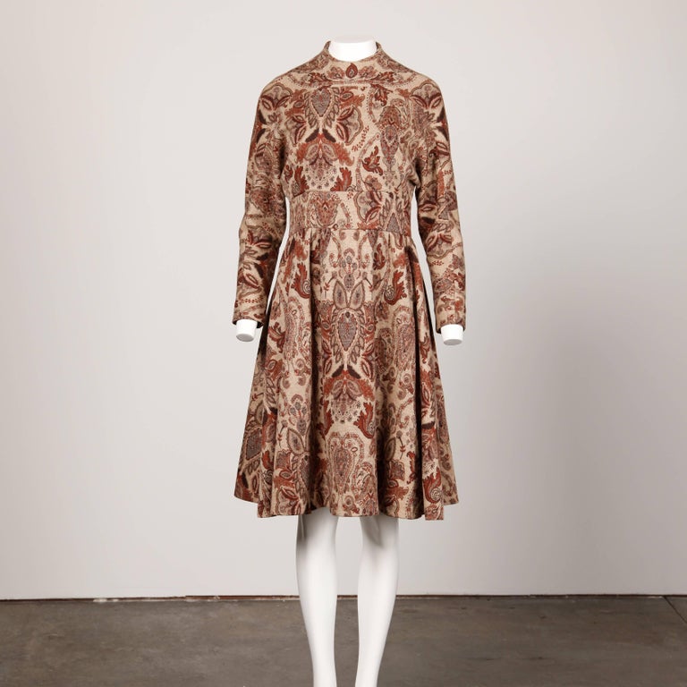 1970s Geoffrey Beene Vintage Wool Knit Paisley Tapestry Dress with Long