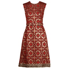 1960s Vintage Red + Black Brocade Dress with Matching Belt + Metallic Embroidery