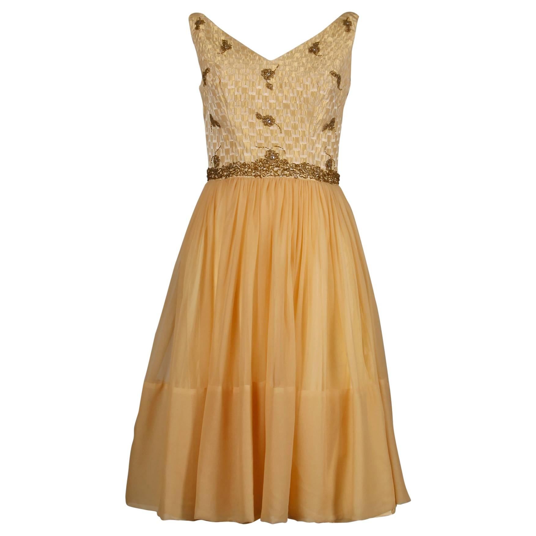 Women's 1960s Mam'selle Vintage Gold Beaded Brocade + Silk Chiffon Cocktail Dress For Sale