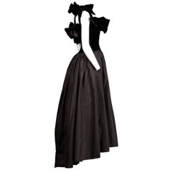 1980s Lanvin Vintage Black Silk Velvet Evening Dress/ Gown with Bows and Train