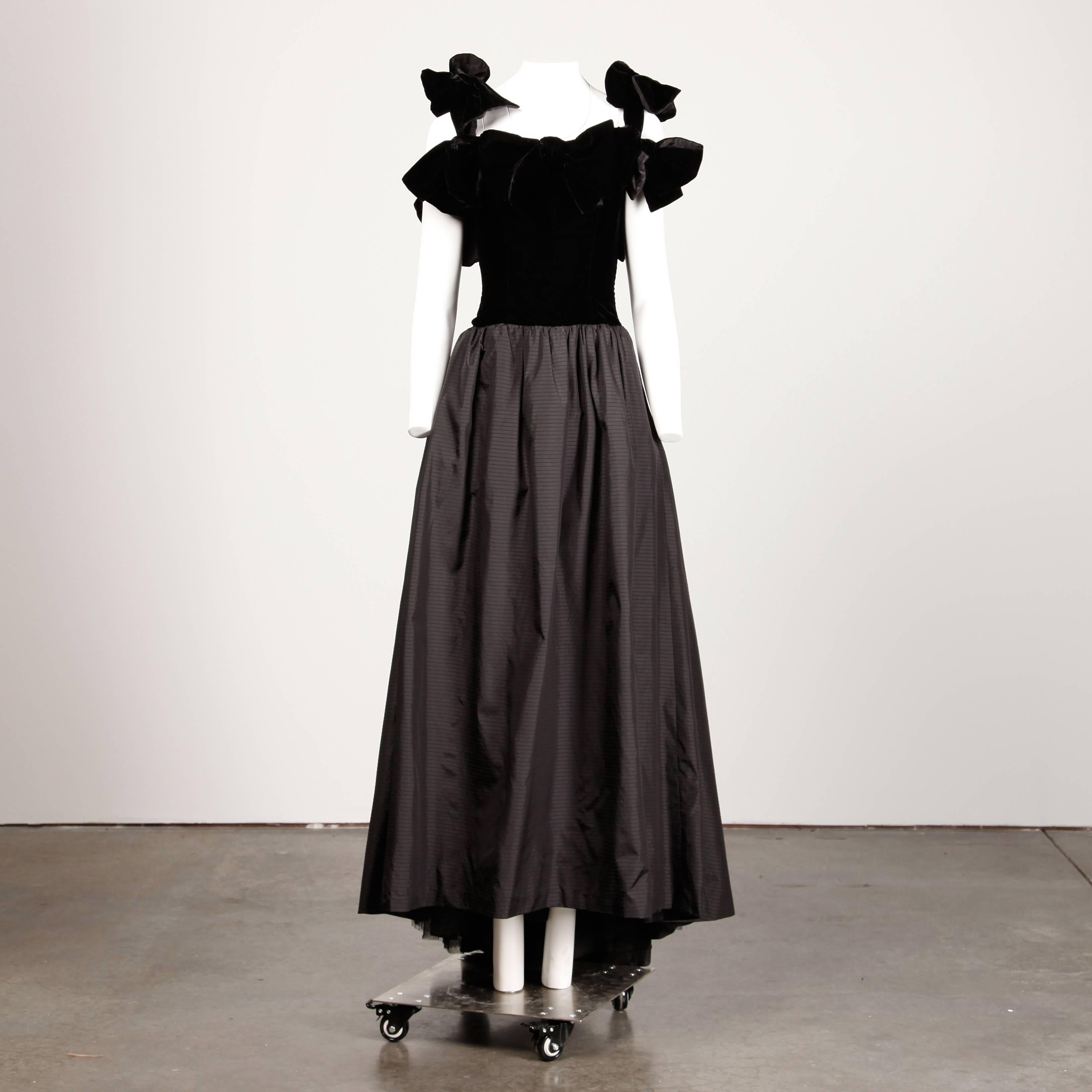 Women's 1980s Lanvin Vintage Black Silk Velvet Evening Dress/ Gown with Bows and Train