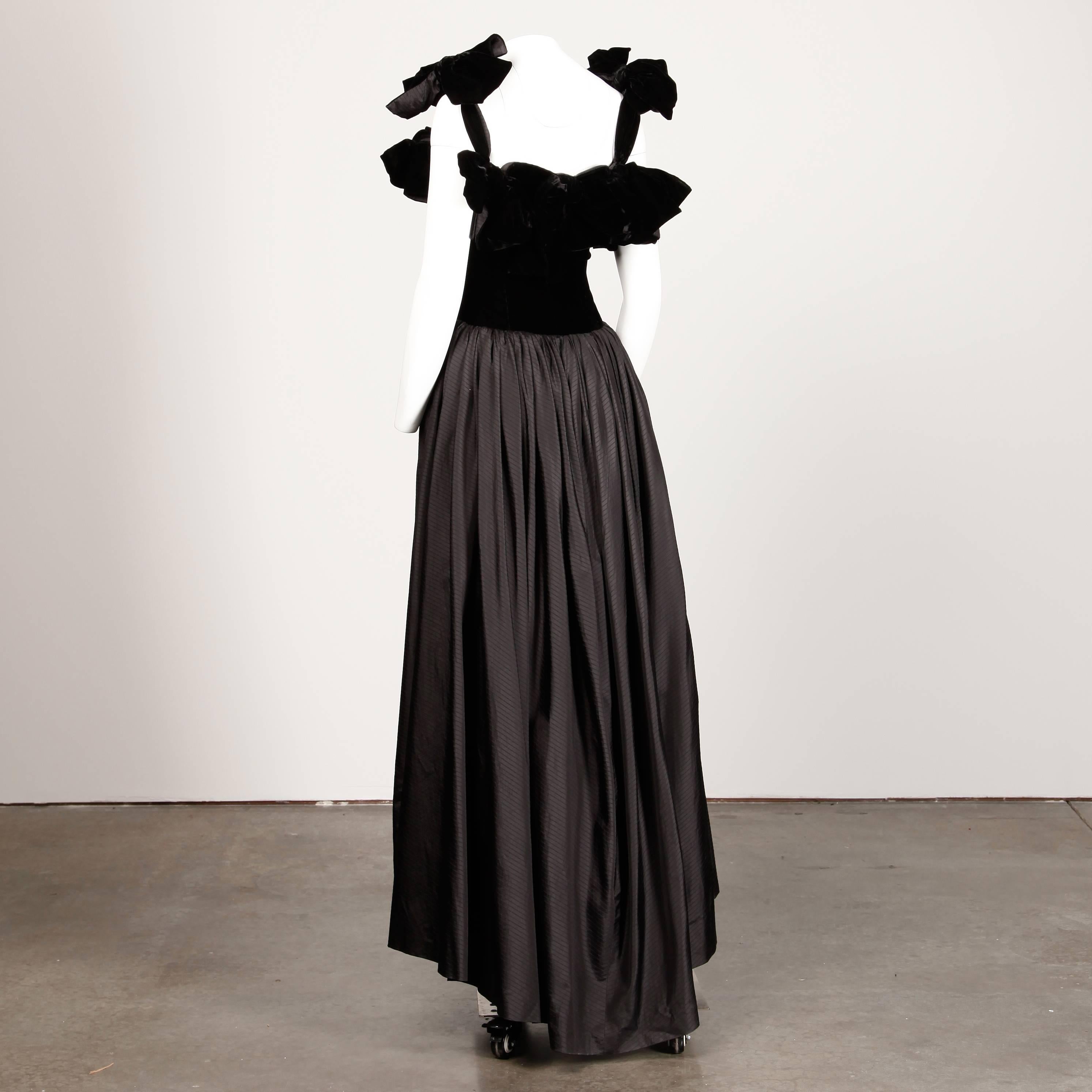 1980s Lanvin Vintage Black Silk Velvet Evening Dress/ Gown with Bows and Train 2