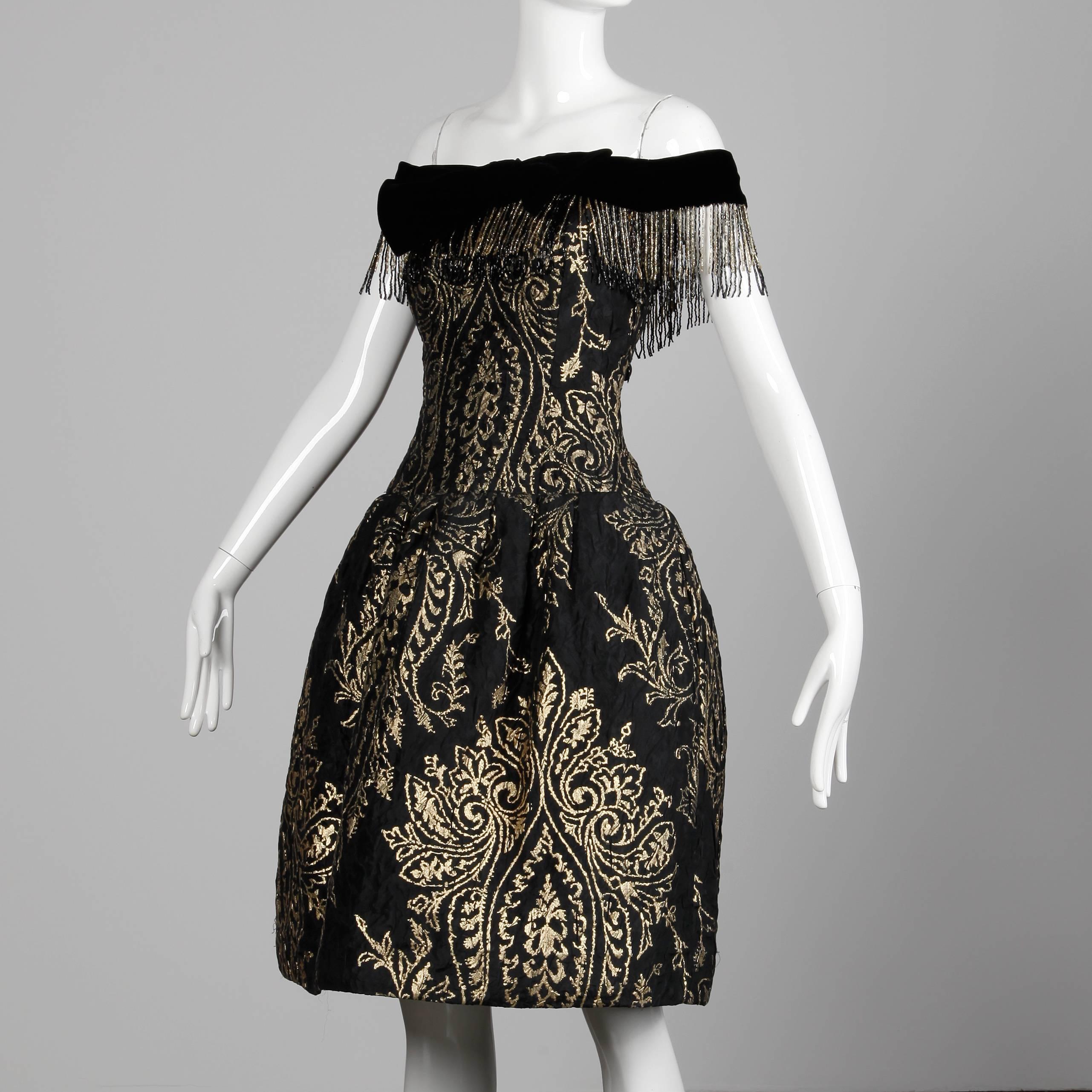 1980s Ann Lawrence Vintage Metallic Gold and Black Beaded Fringe Evening Dress For Sale 1