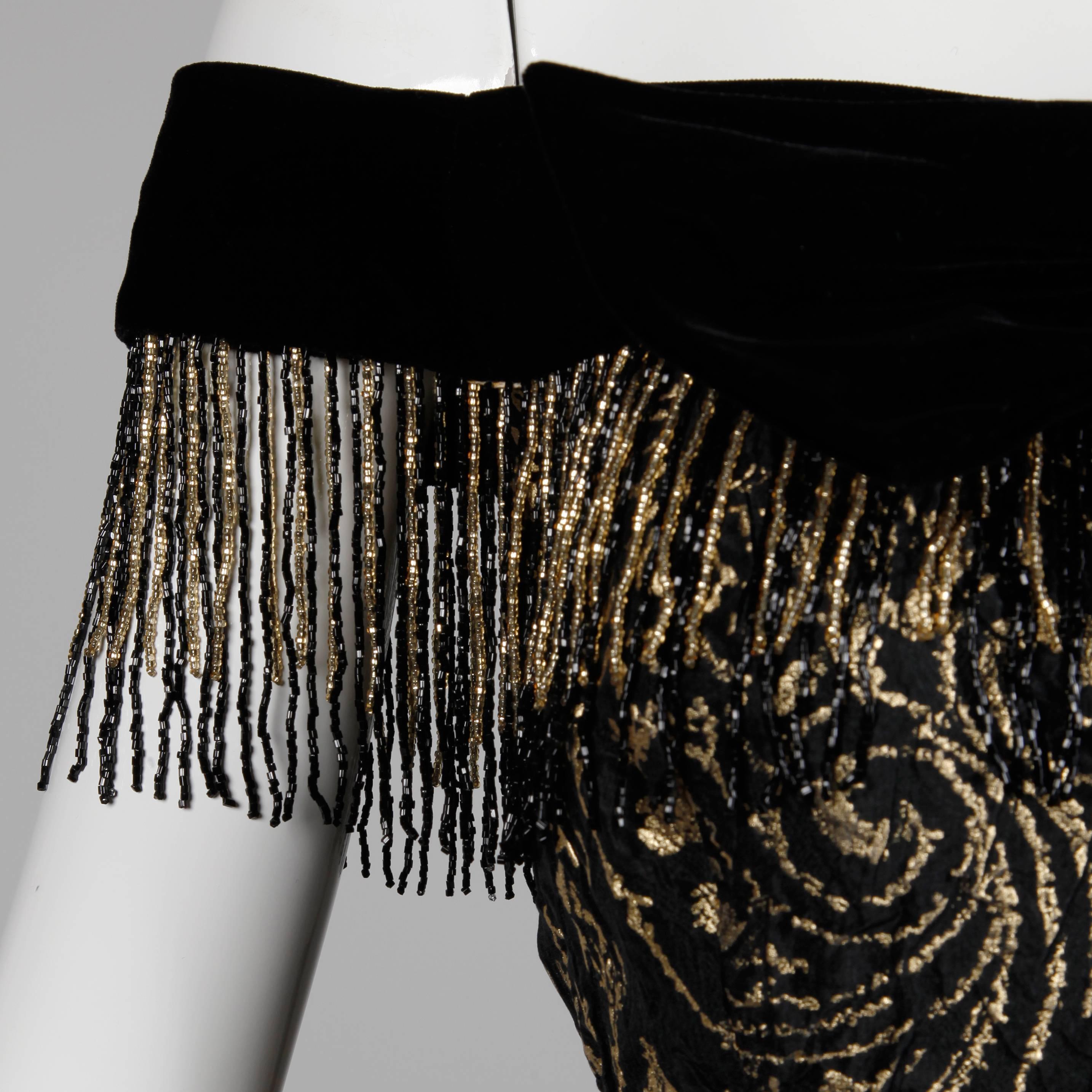 Women's 1980s Ann Lawrence Vintage Metallic Gold and Black Beaded Fringe Evening Dress For Sale