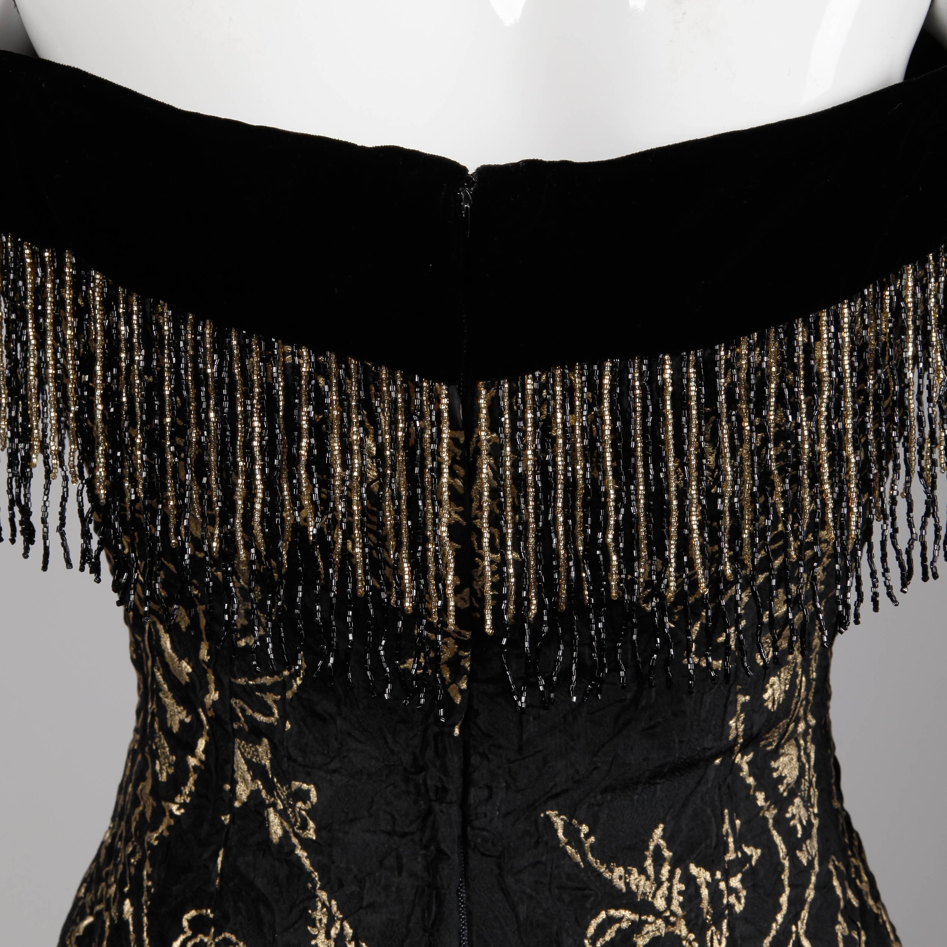 1980s Ann Lawrence Vintage Metallic Gold and Black Beaded Fringe Evening Dress For Sale 2