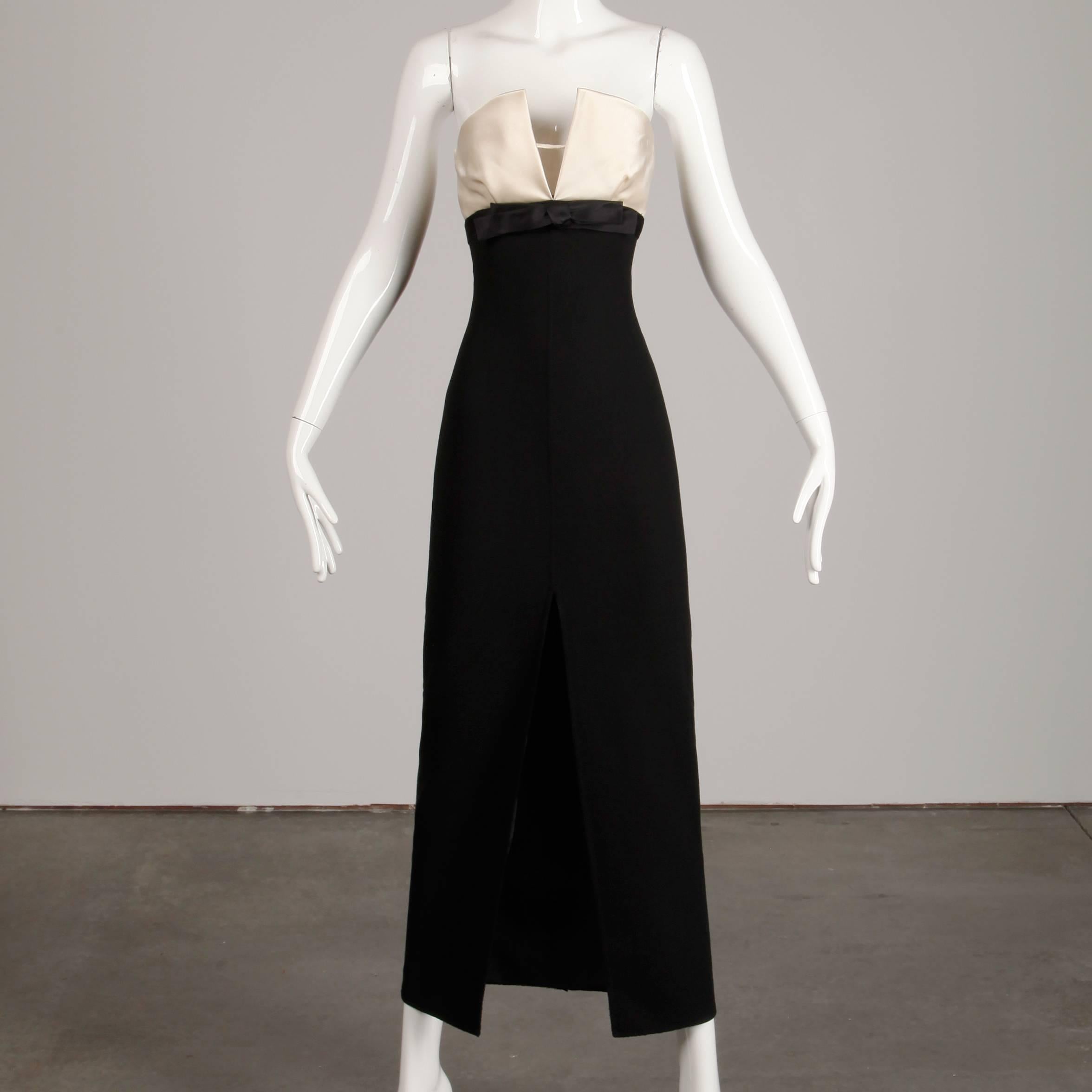 Gray 1990s Bill Blass Vintage Black + Off White Silk Satin Evening Gown / Dress