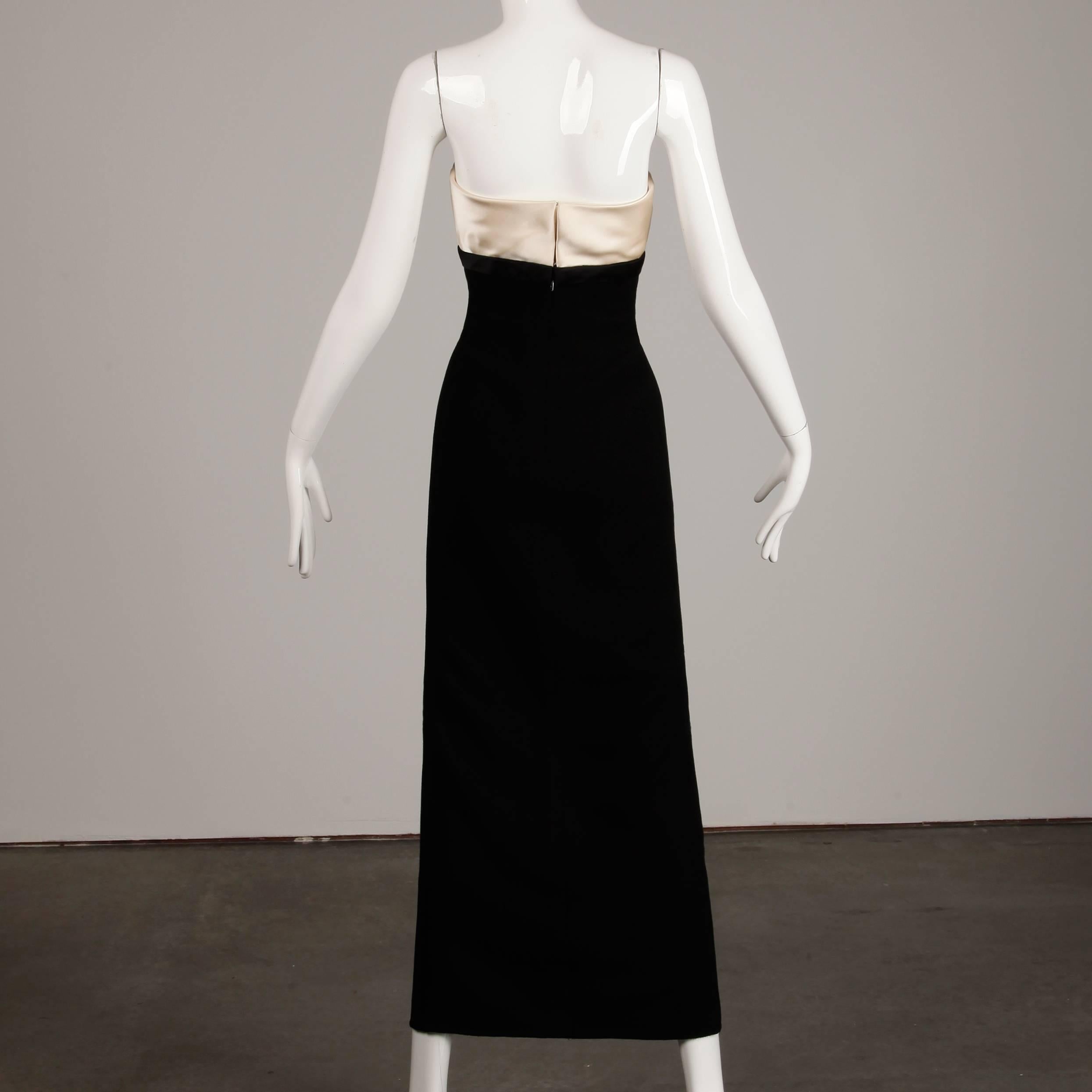 Women's 1990s Bill Blass Vintage Black + Off White Silk Satin Evening Gown / Dress