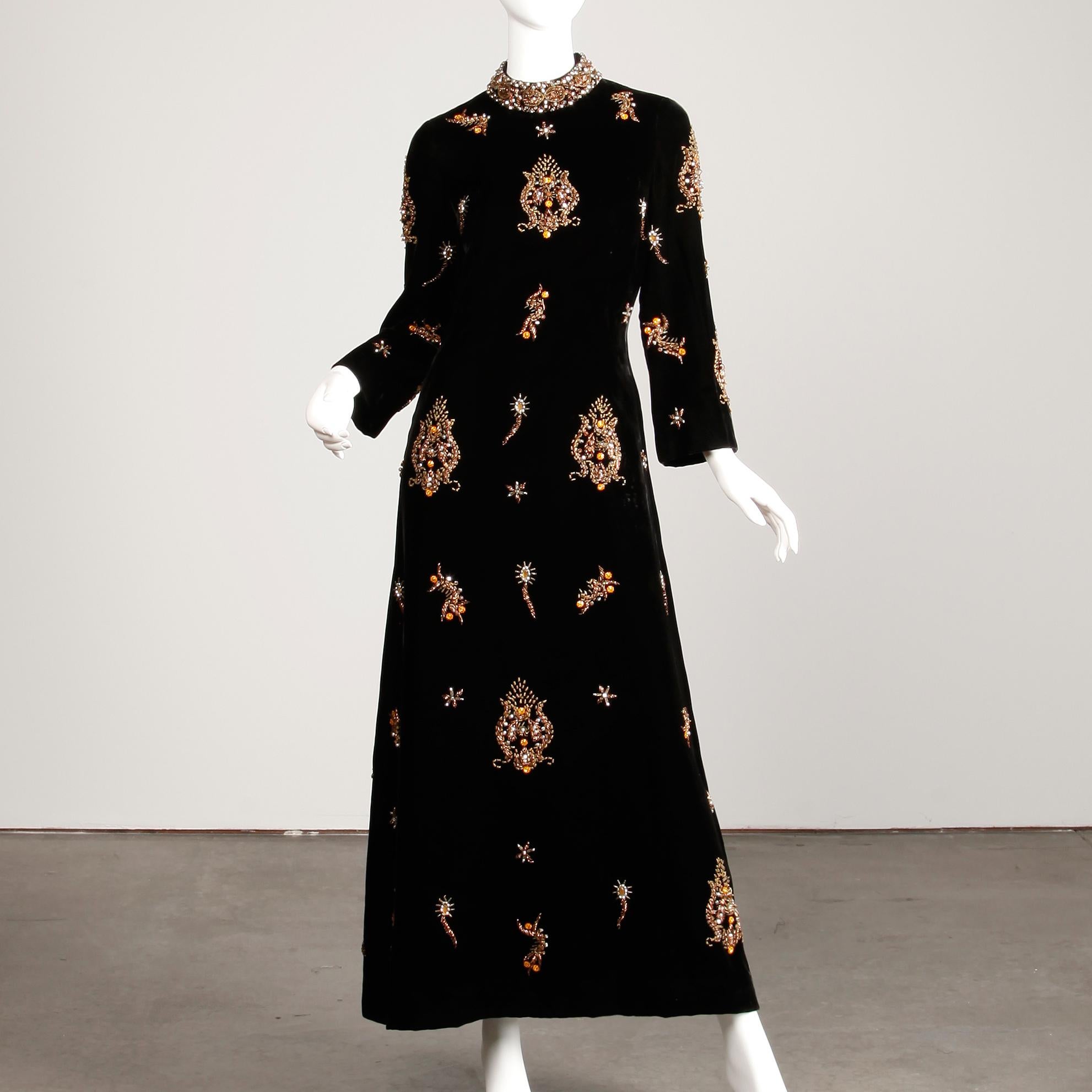 1960s Vintage Black Velvet Evening Gown Dress with Metallic Beaded Embellishment In Excellent Condition In Sparks, NV