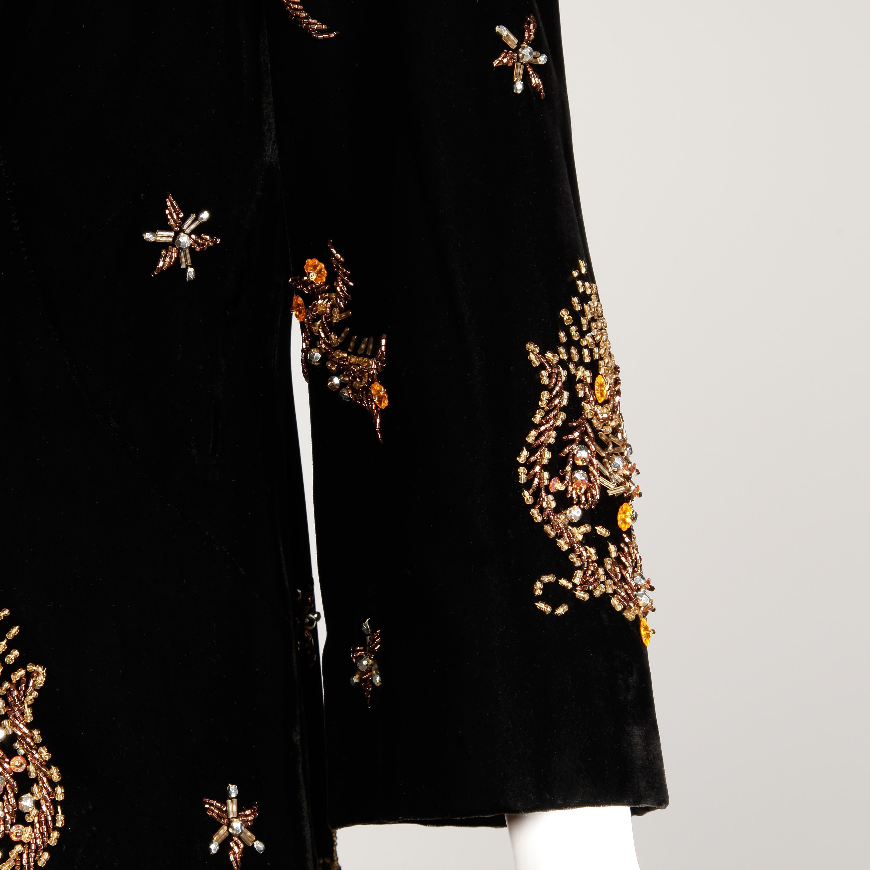 Women's 1960s Vintage Black Velvet Evening Gown Dress with Metallic Beaded Embellishment