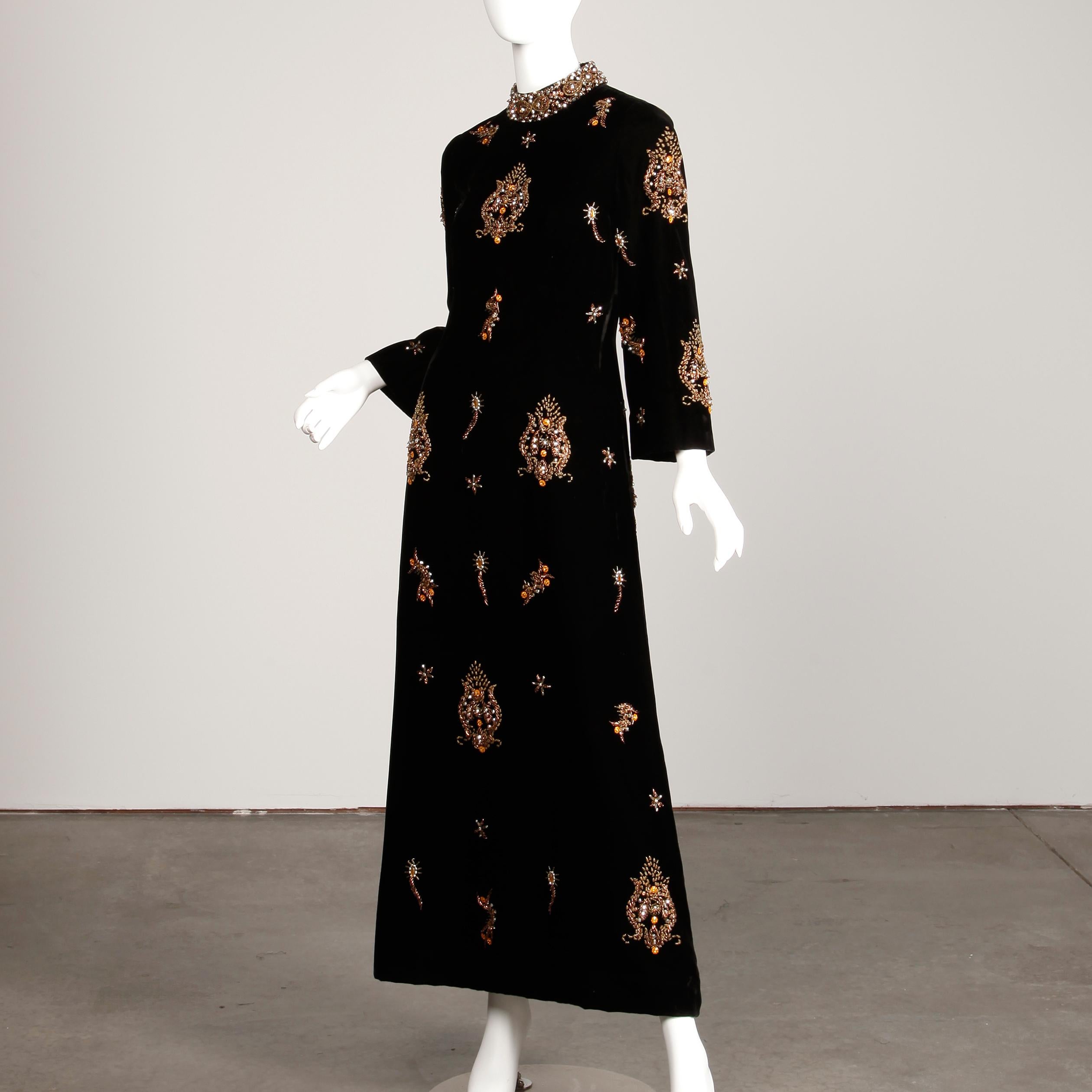 1960s Vintage Black Velvet Evening Gown Dress with Metallic Beaded Embellishment 1