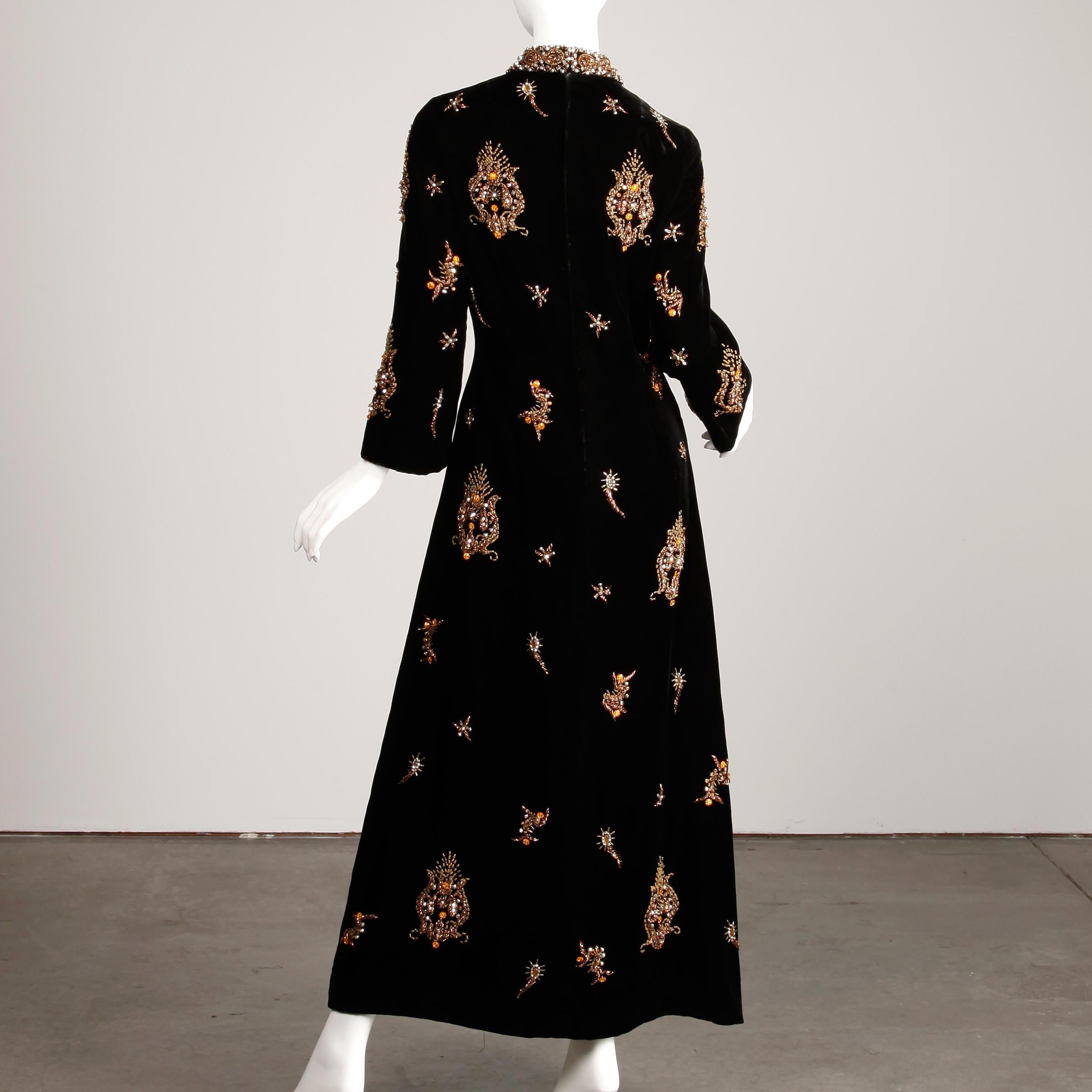 1960s Vintage Black Velvet Evening Gown Dress with Metallic Beaded Embellishment 3