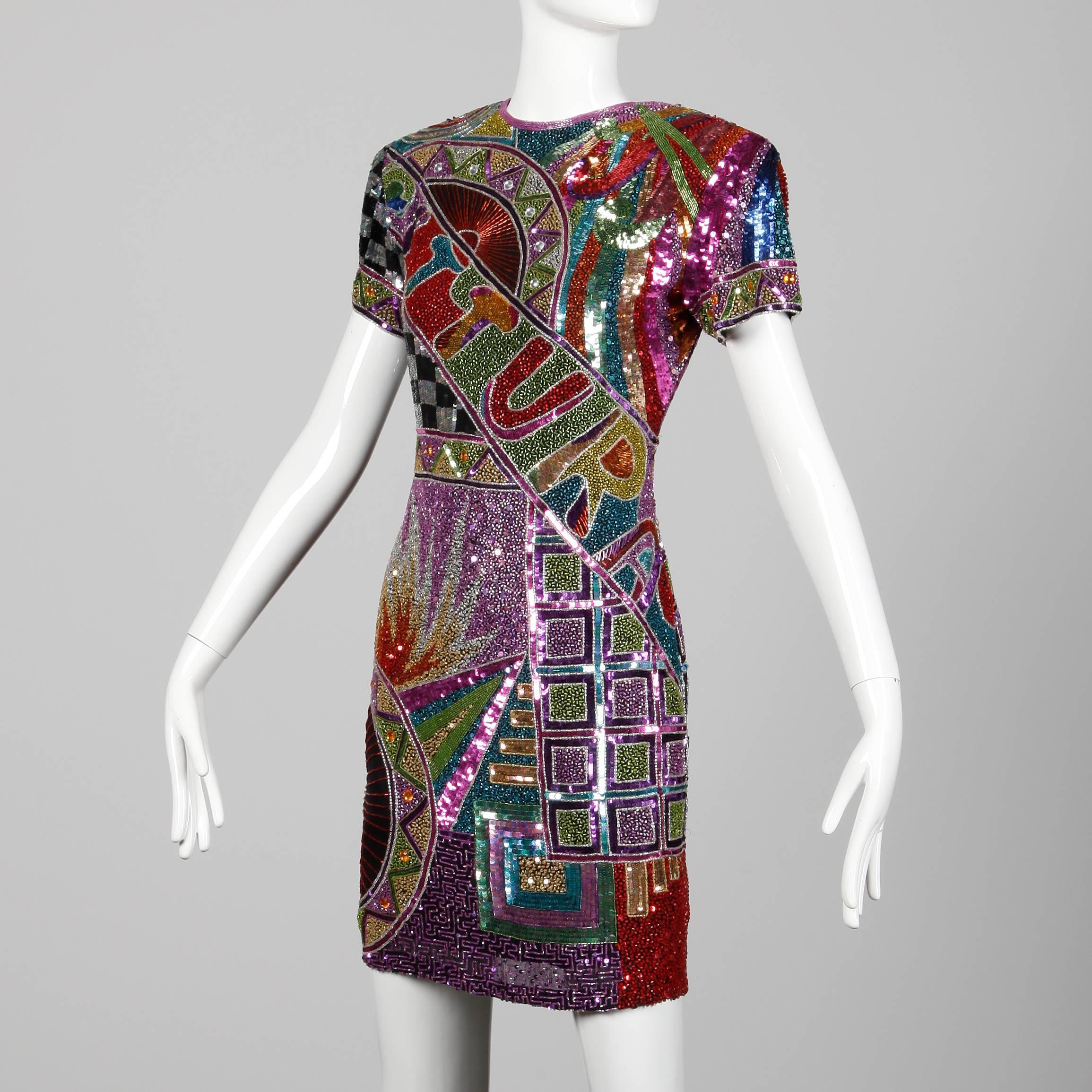 1980s Naeem Khan Vintage Heavily Beaded + Metallic Sequin Sparkling Silk Dress 1