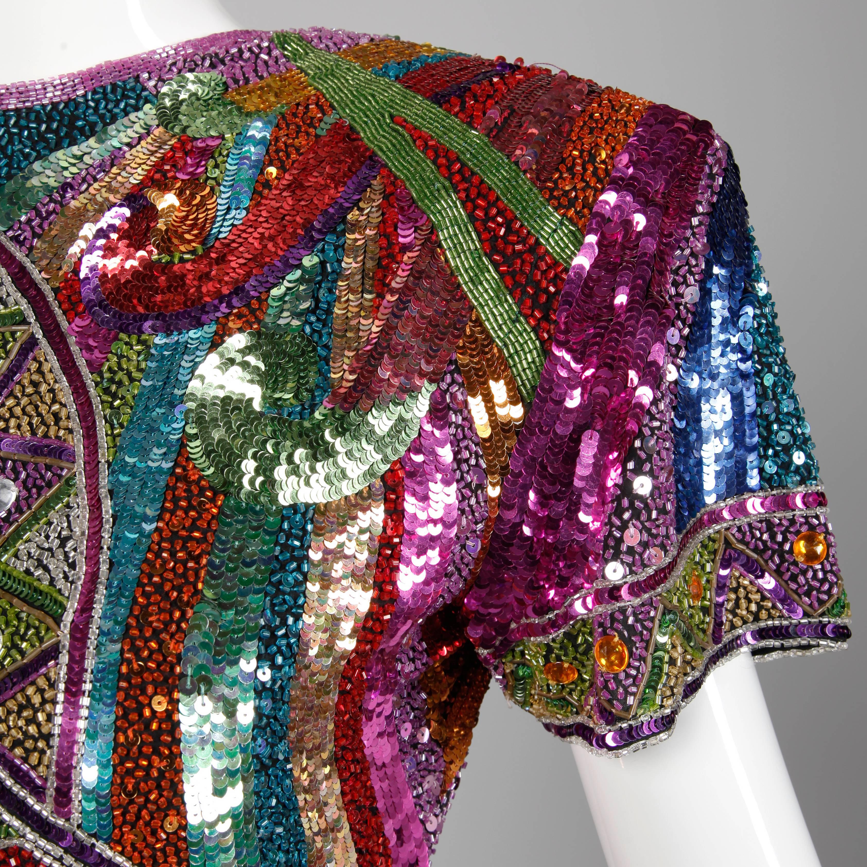 1980s Naeem Khan Vintage Heavily Beaded + Metallic Sequin Sparkling Silk Dress 2