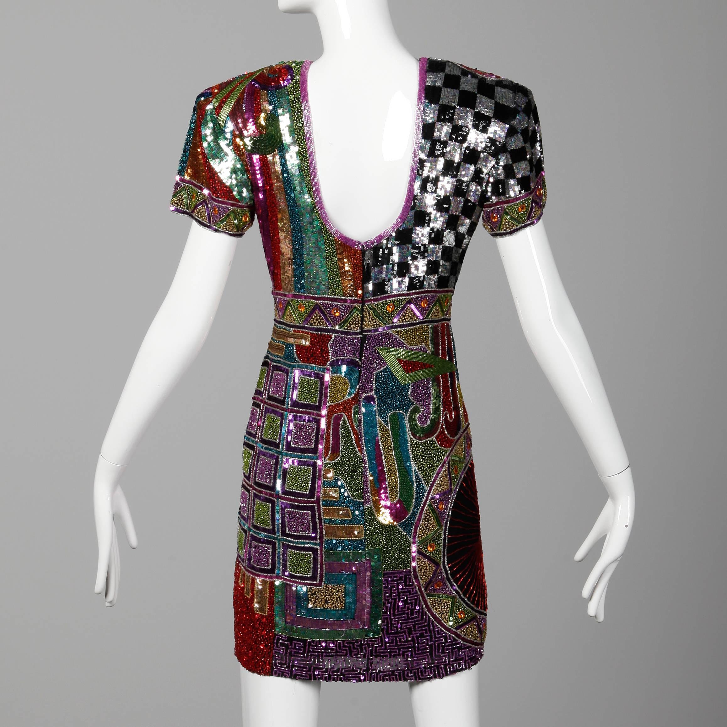 1980s Naeem Khan Vintage Heavily Beaded + Metallic Sequin Sparkling Silk Dress 3