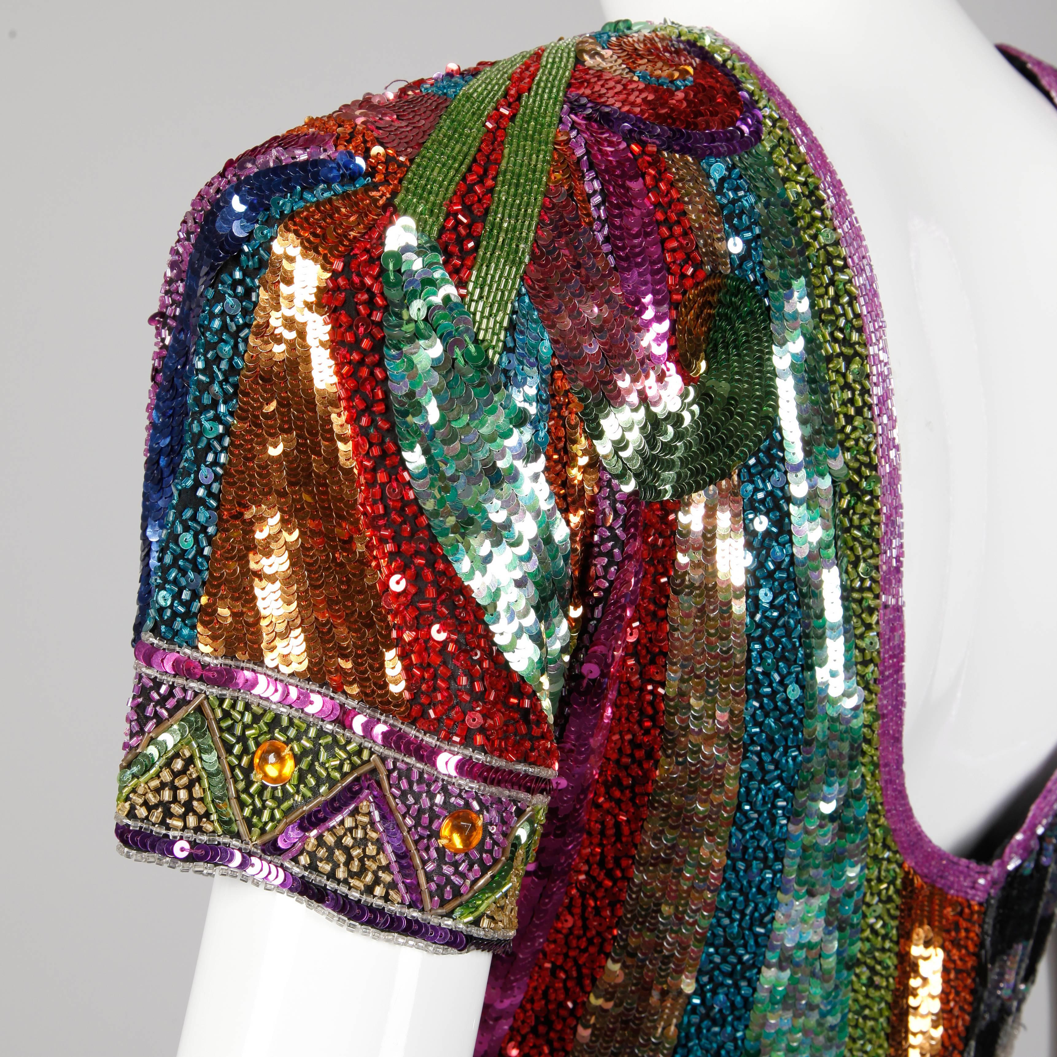 1980s Naeem Khan Vintage Heavily Beaded + Metallic Sequin Sparkling Silk Dress 4