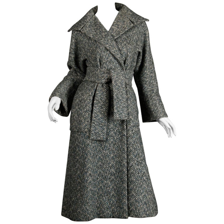 1970s Pauline Trigere Vintage Herringbone Heavy Wool Belted Coat For ...