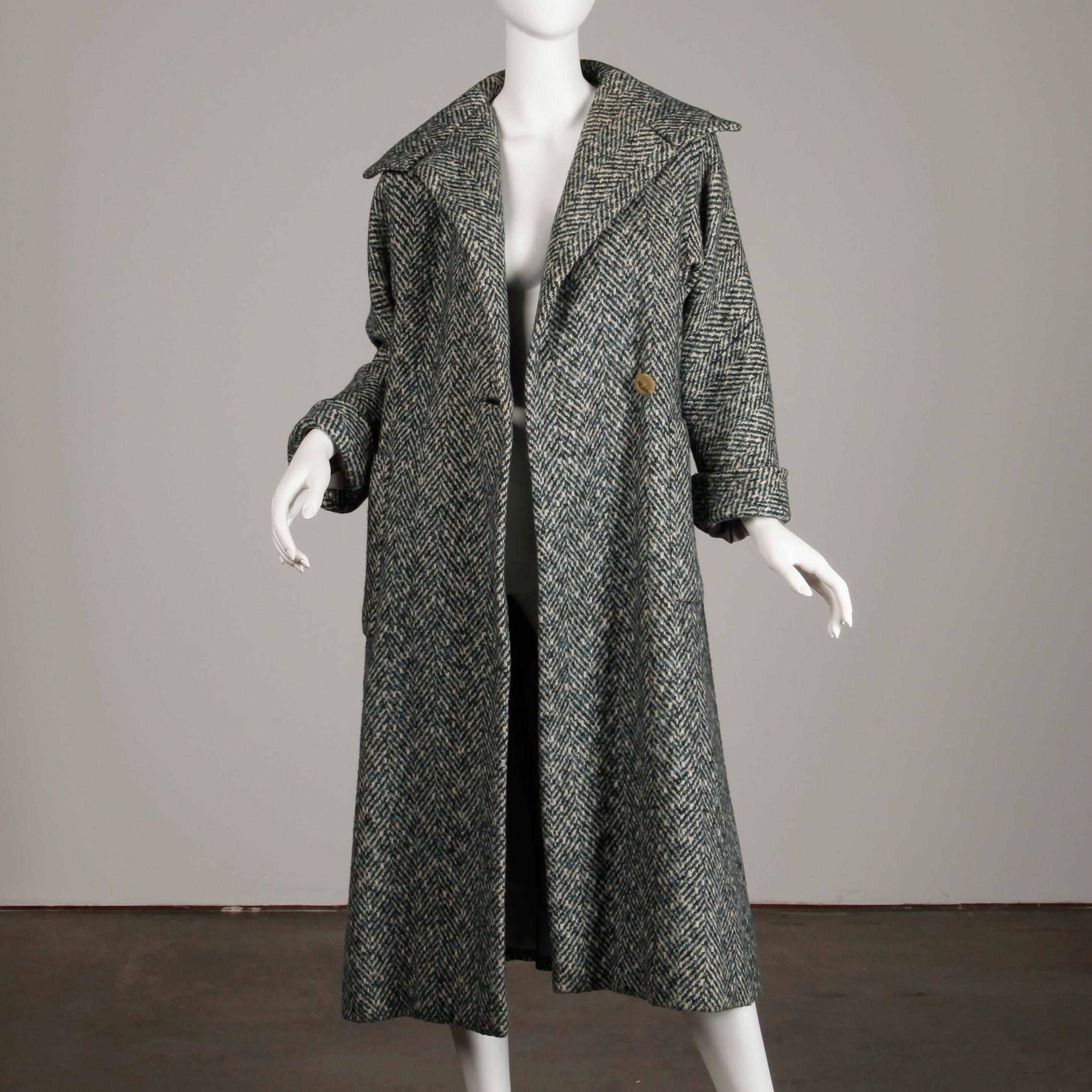 Black 1970s Pauline Trigere Vintage Herringbone Heavy Wool Belted Coat For Sale