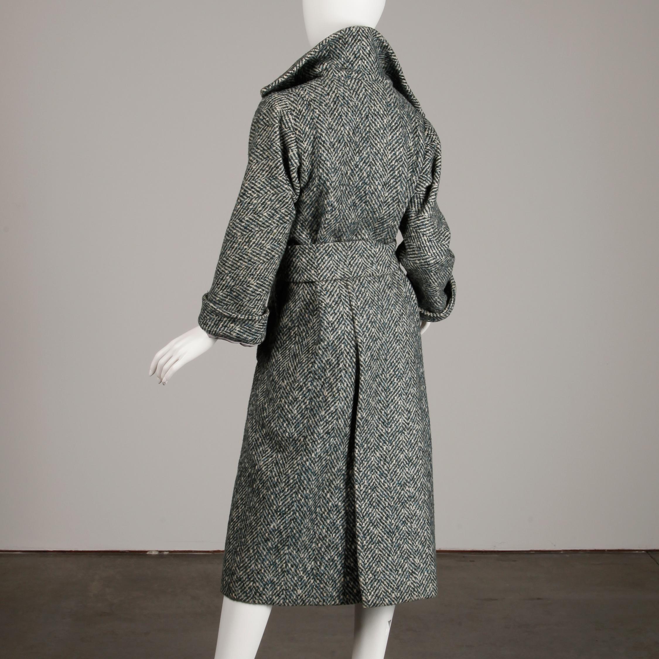 Women's 1970s Pauline Trigere Vintage Herringbone Heavy Wool Belted Coat For Sale