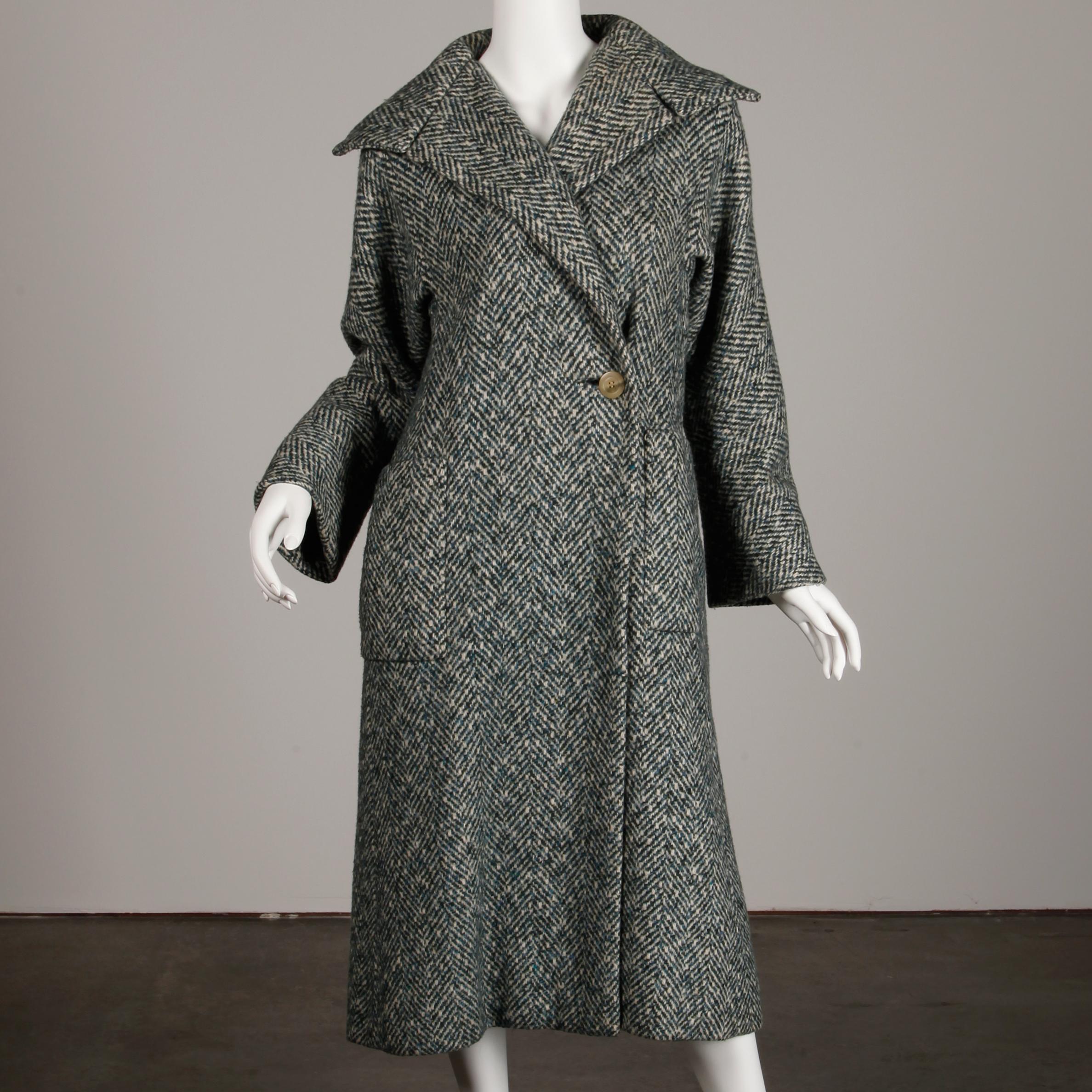 1970s Pauline Trigere Vintage Herringbone Heavy Wool Belted Coat For Sale 1