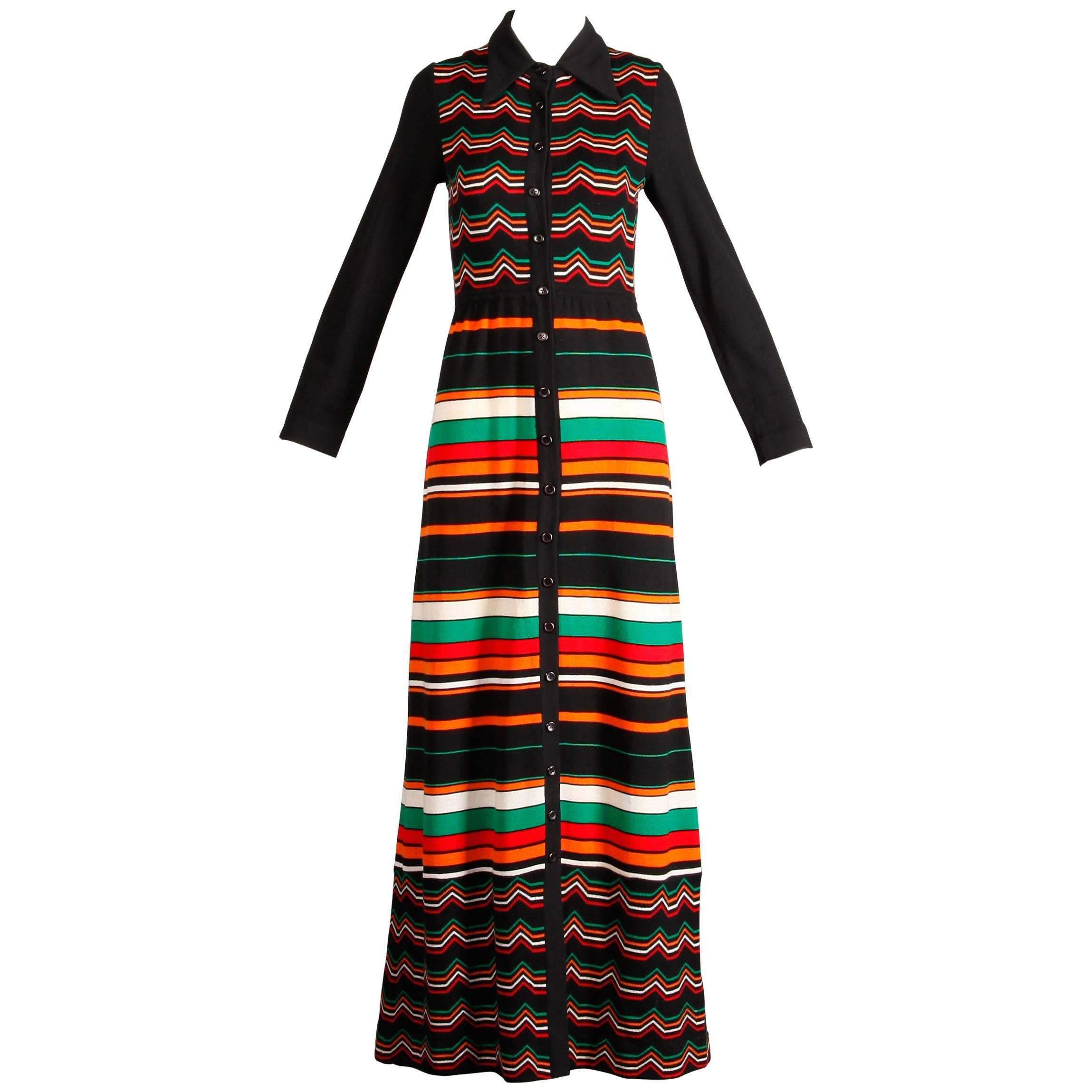 Ian Peters 1970s Vintage 100% Wool Chevron Striped Rainbow Knit Maxi Dress