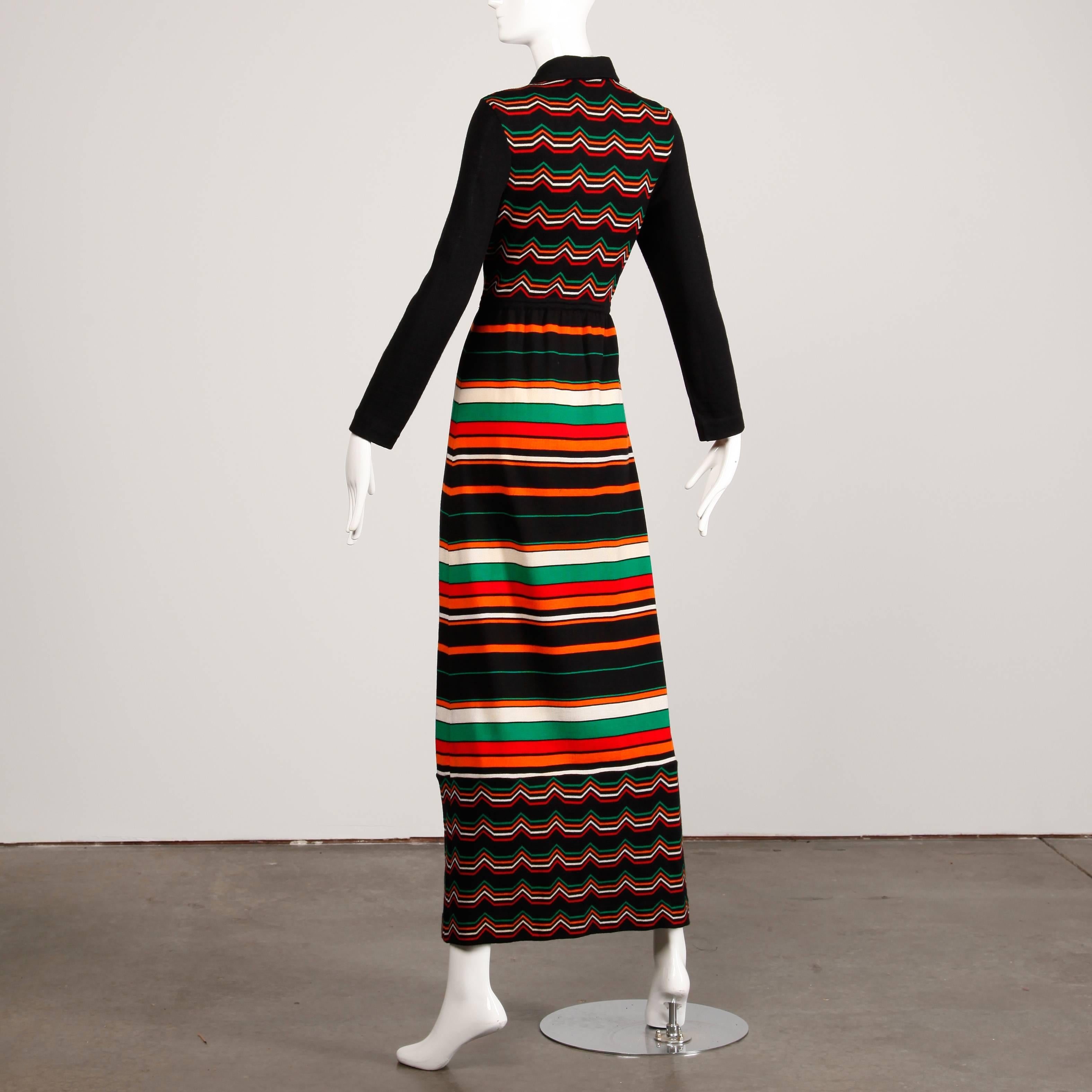 Black Ian Peters 1970s Vintage 100% Wool Chevron Striped Rainbow Knit Maxi Dress
