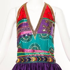 1970s Silk Satin Evening Gown with Beaded + Sequin Plunging Neckline