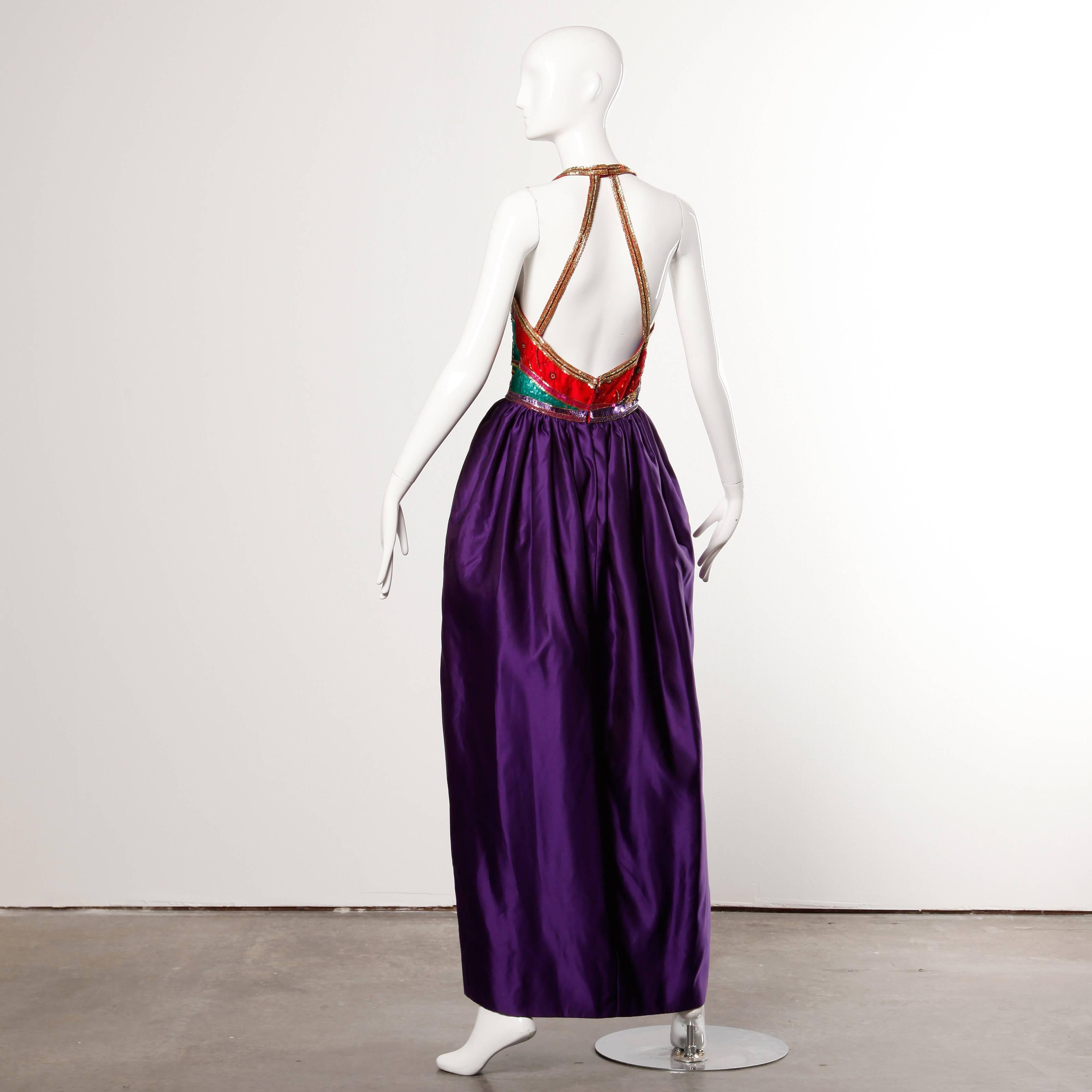 Purple 1970s Silk Satin Evening Gown with Beaded + Sequin Plunging Neckline For Sale