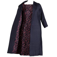 1960s Vintage Floral Print Silk Sheath Dress and Coat 2-Piece Ensemble