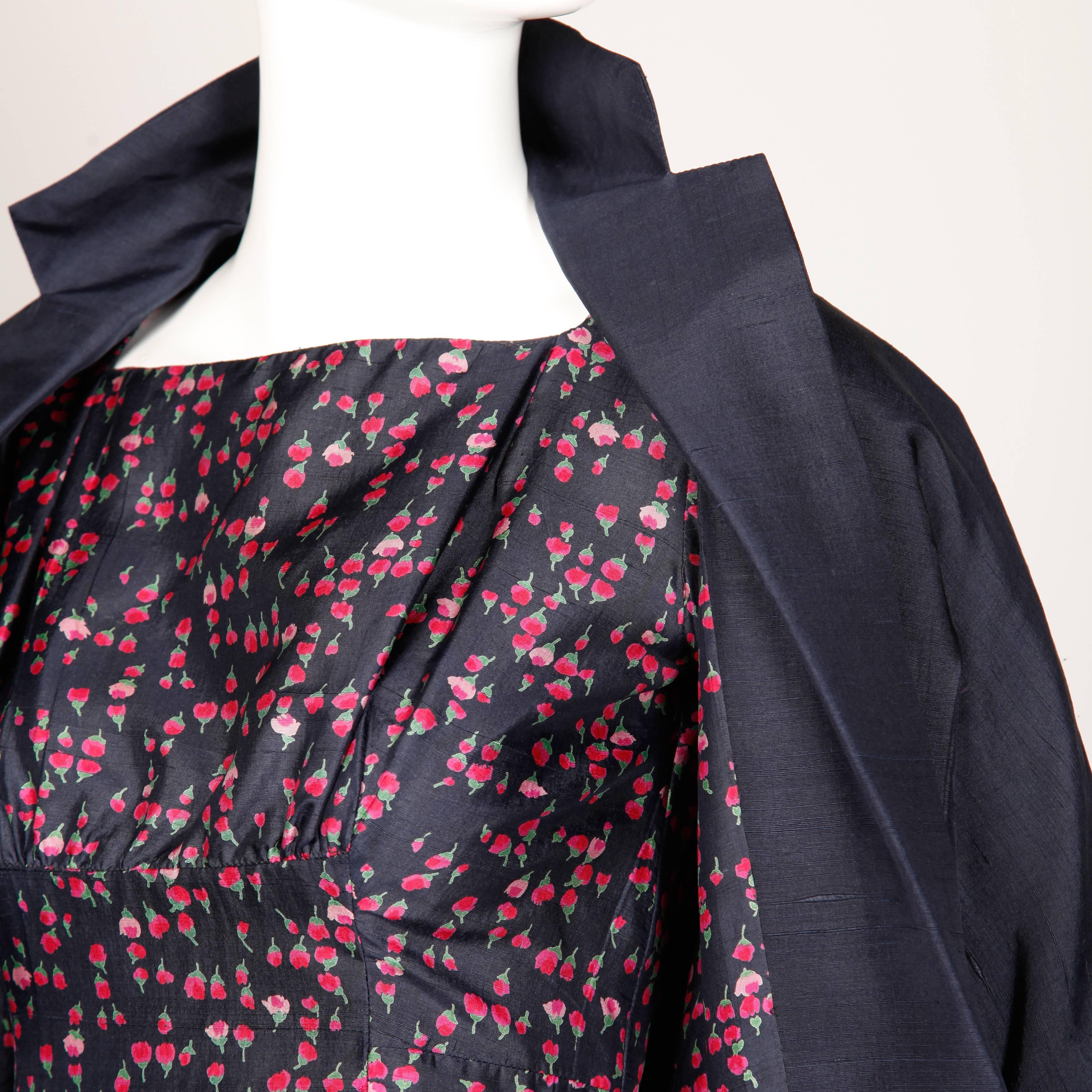 Women's 1960s Vintage Floral Print Silk Sheath Dress and Coat 2-Piece Ensemble