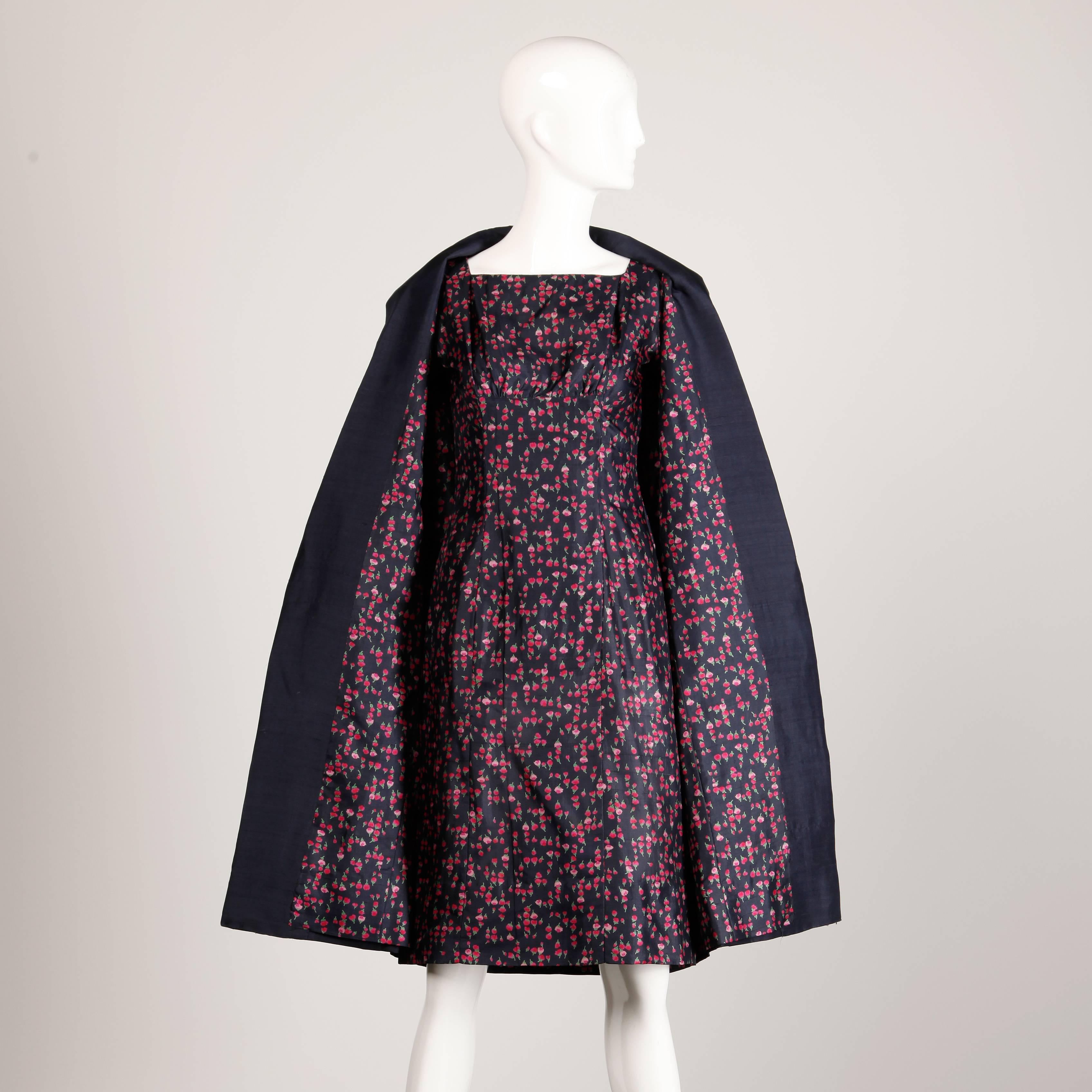 1960s Vintage Floral Print Silk Sheath Dress and Coat 2-Piece Ensemble 1