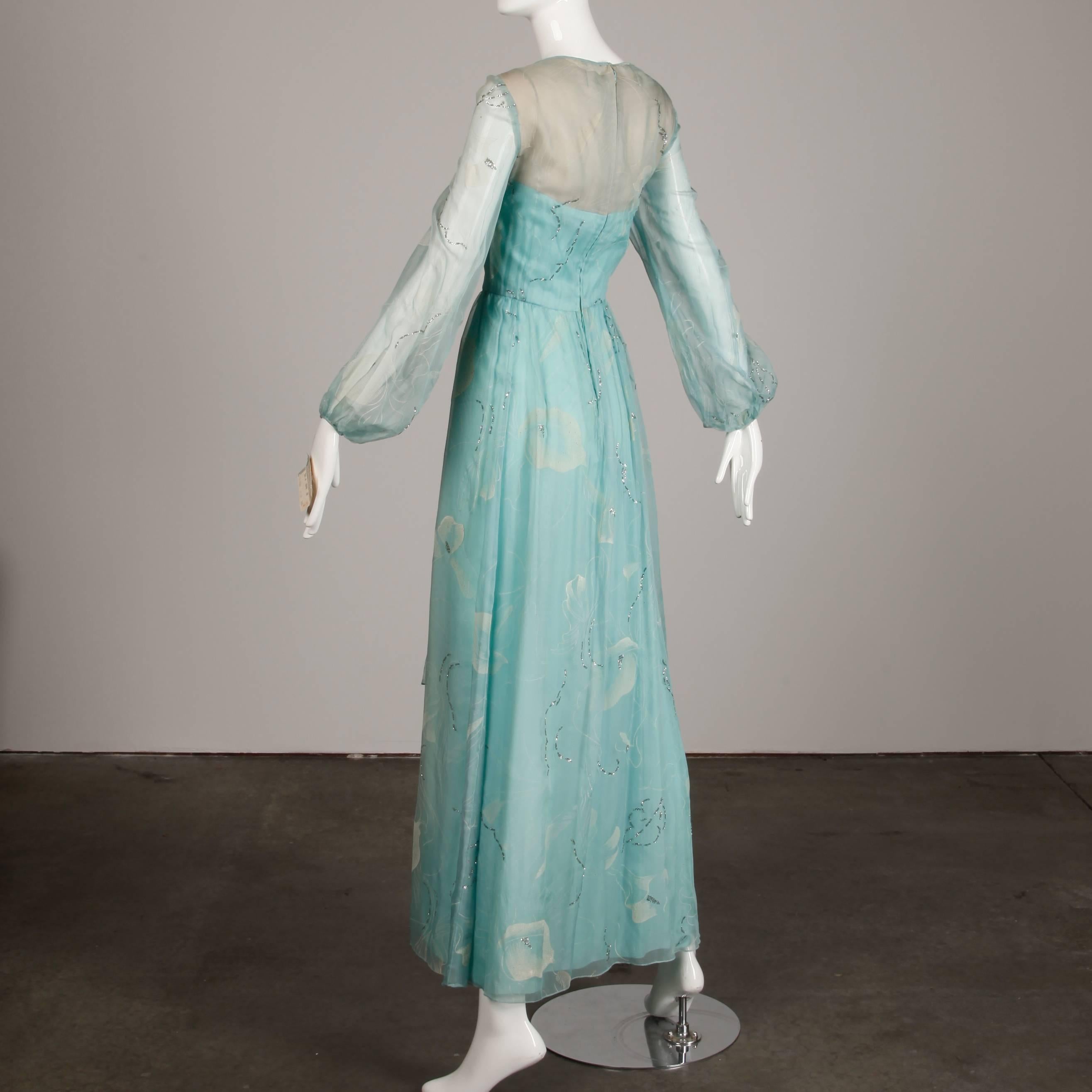 Unworn 1970s Richilene Vintage Blue Silk Chiffon + Metallic Silver Dress 1