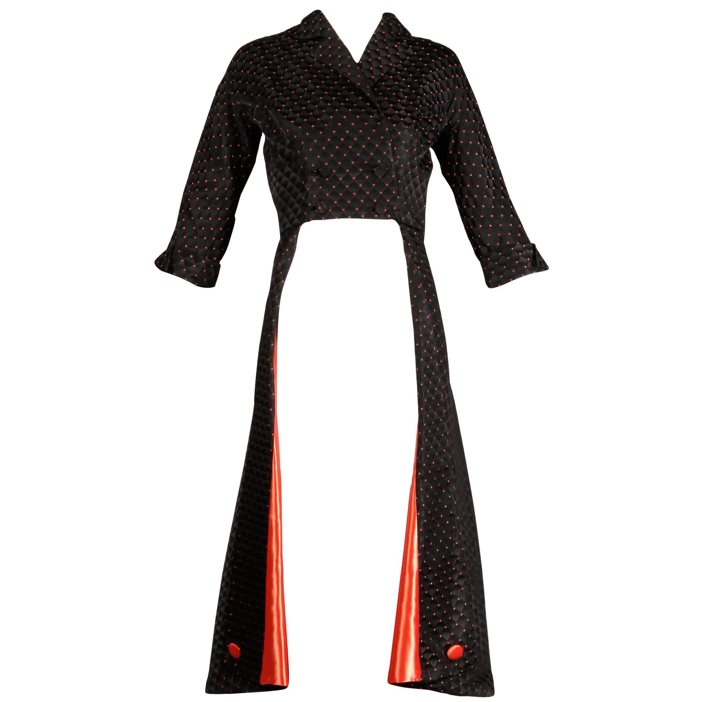 Women's 1950s Vintage Black + Coral Satin Tuxedo Jacket or Evening Dress Coat 