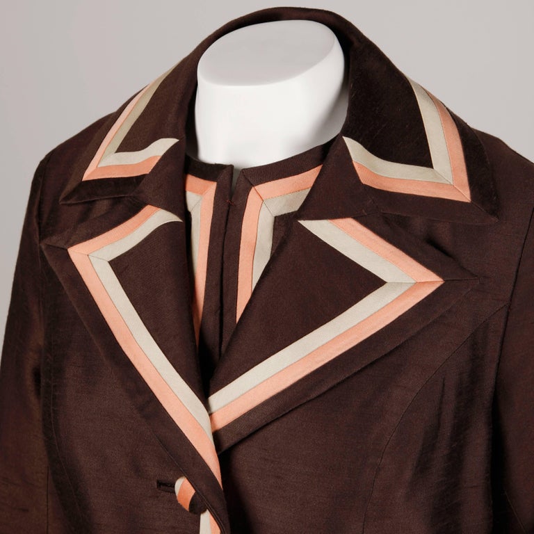 Stunning 1960s Vintage Silk + Wool Pink and Brown Striped Coat + Dress Ensemble In Excellent Condition For Sale In Sparks, NV